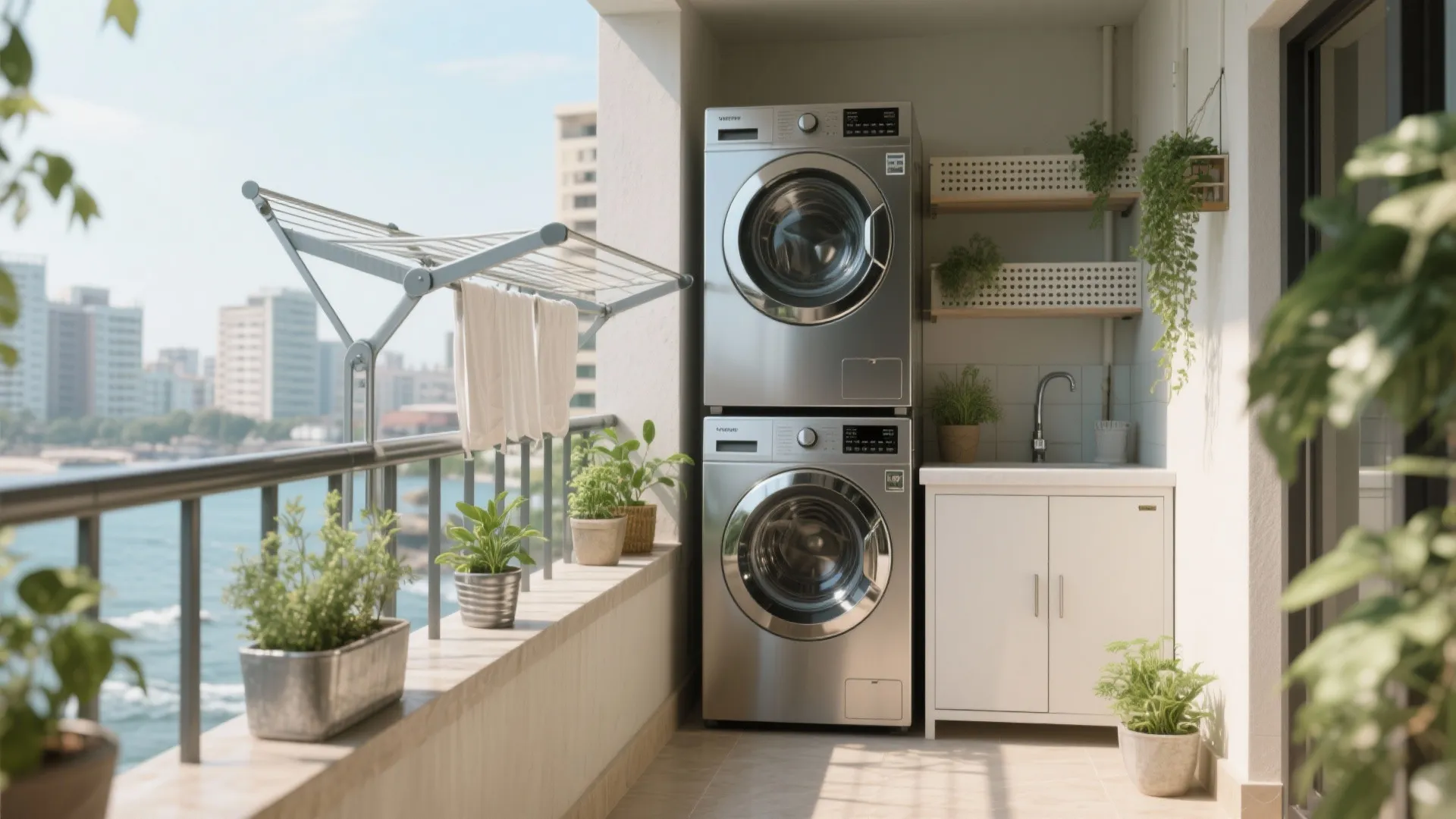 Balcony utility planning: laundry, plants, and storage