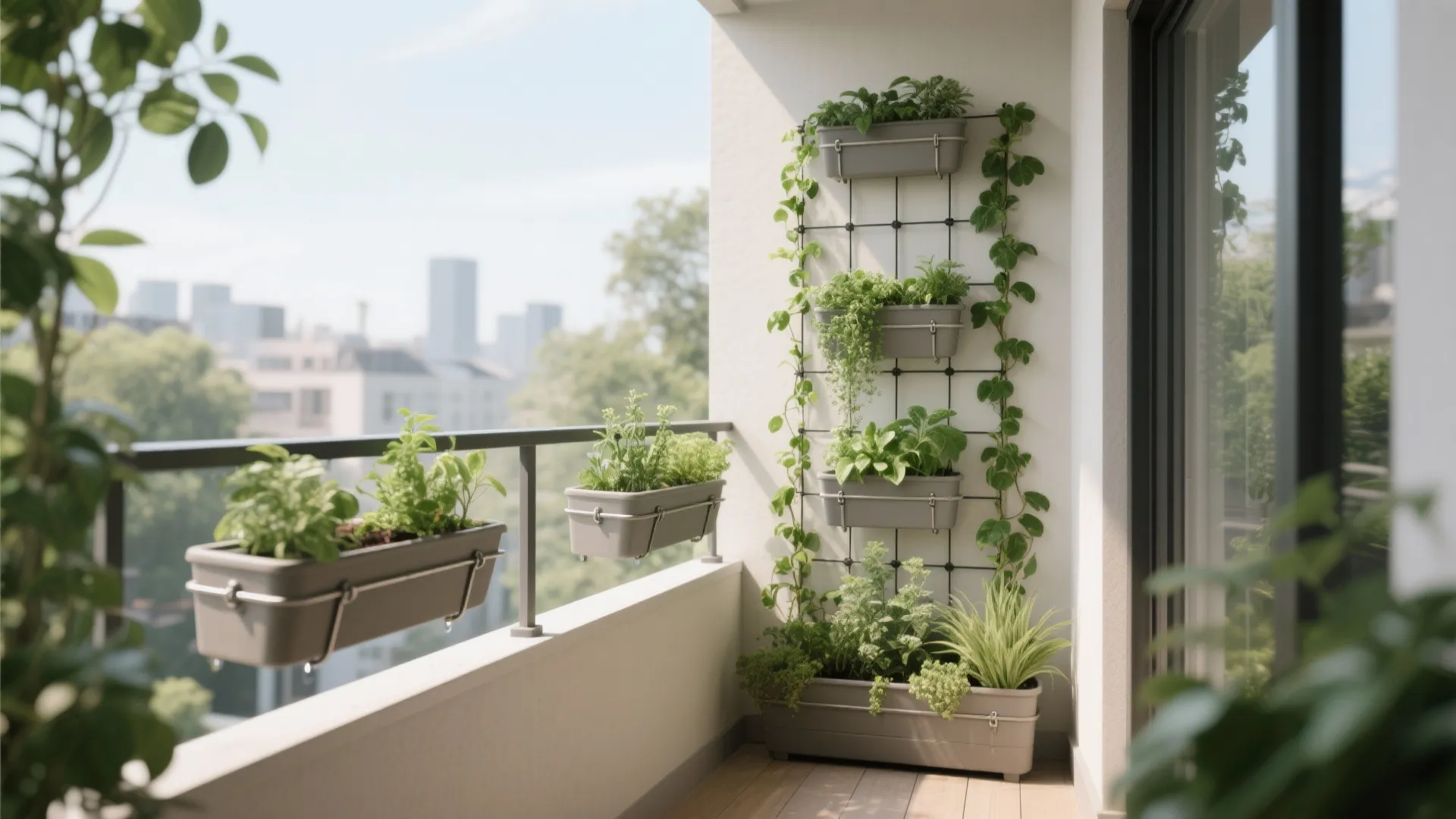 2) Vertical greenery with drip trays and a slim rail planter