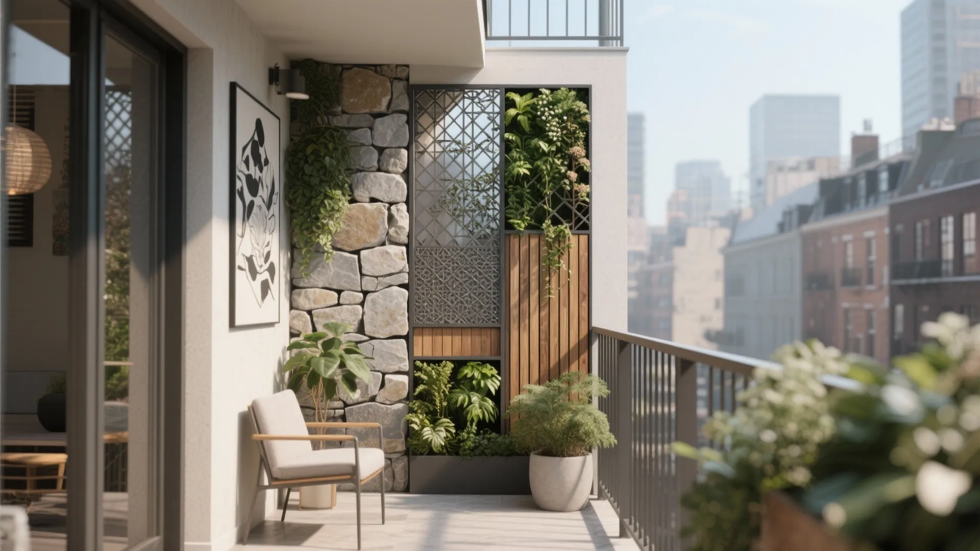 Modern balcony featuring stone wall wood panels white chair potted plants and city skyline background