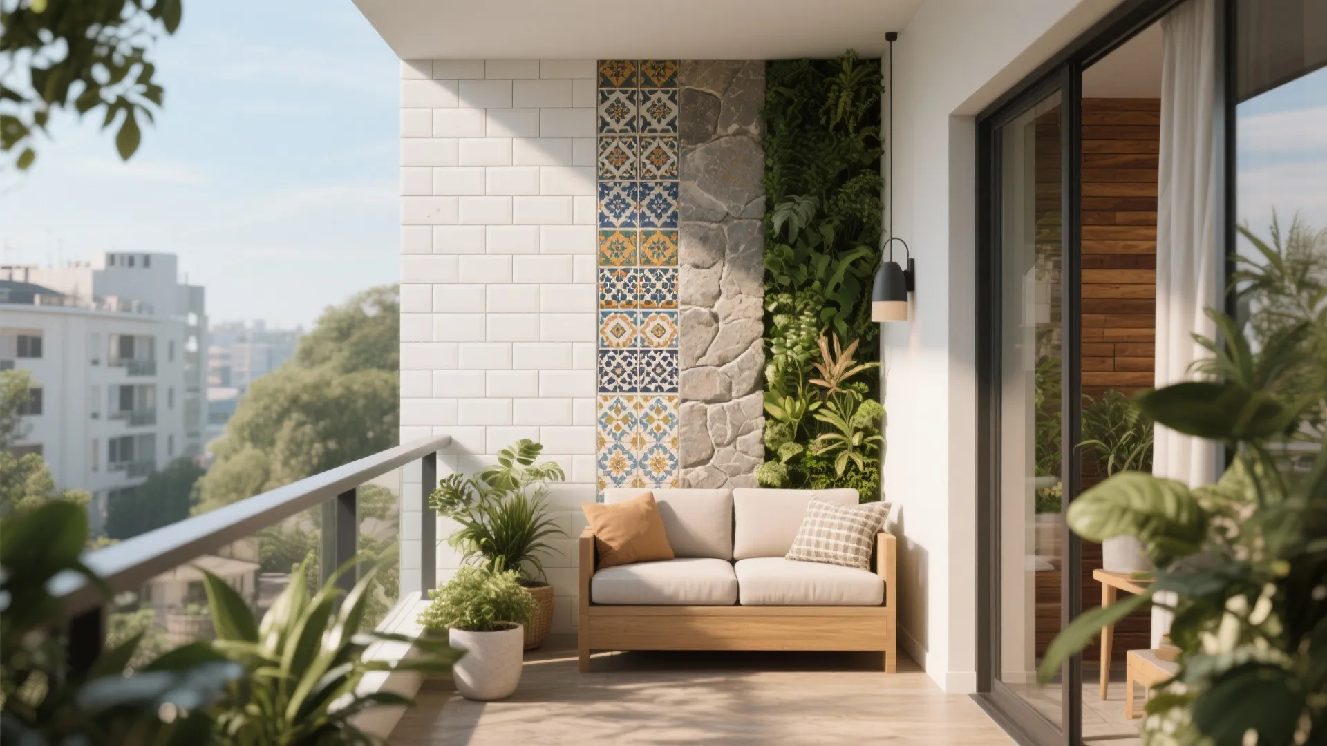 Bright balcony featuring white brick wall decorative tiles vertical garden green plants and wooden sofa