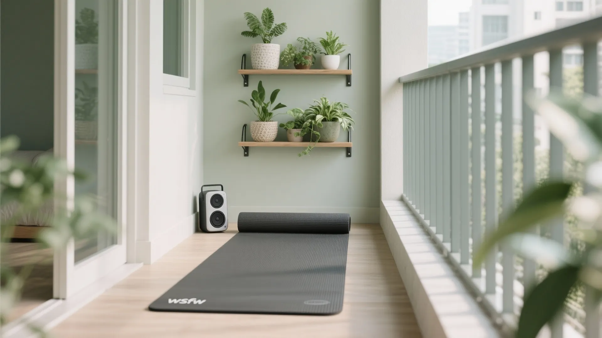 Balcony yoga space with black mat, wooden shelves holding green plants, and a small speaker