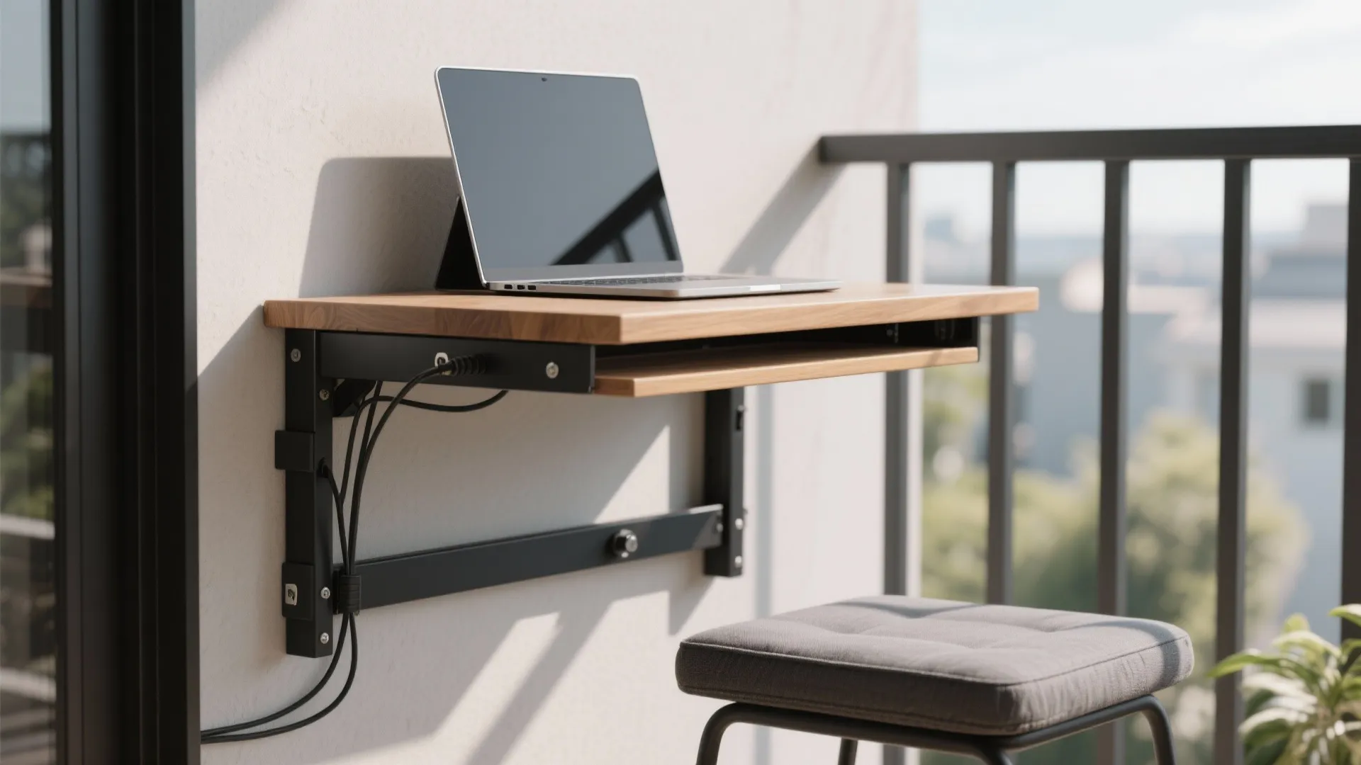 Small wooden desk mounted on a balcony wall with a laptop and a grey stool