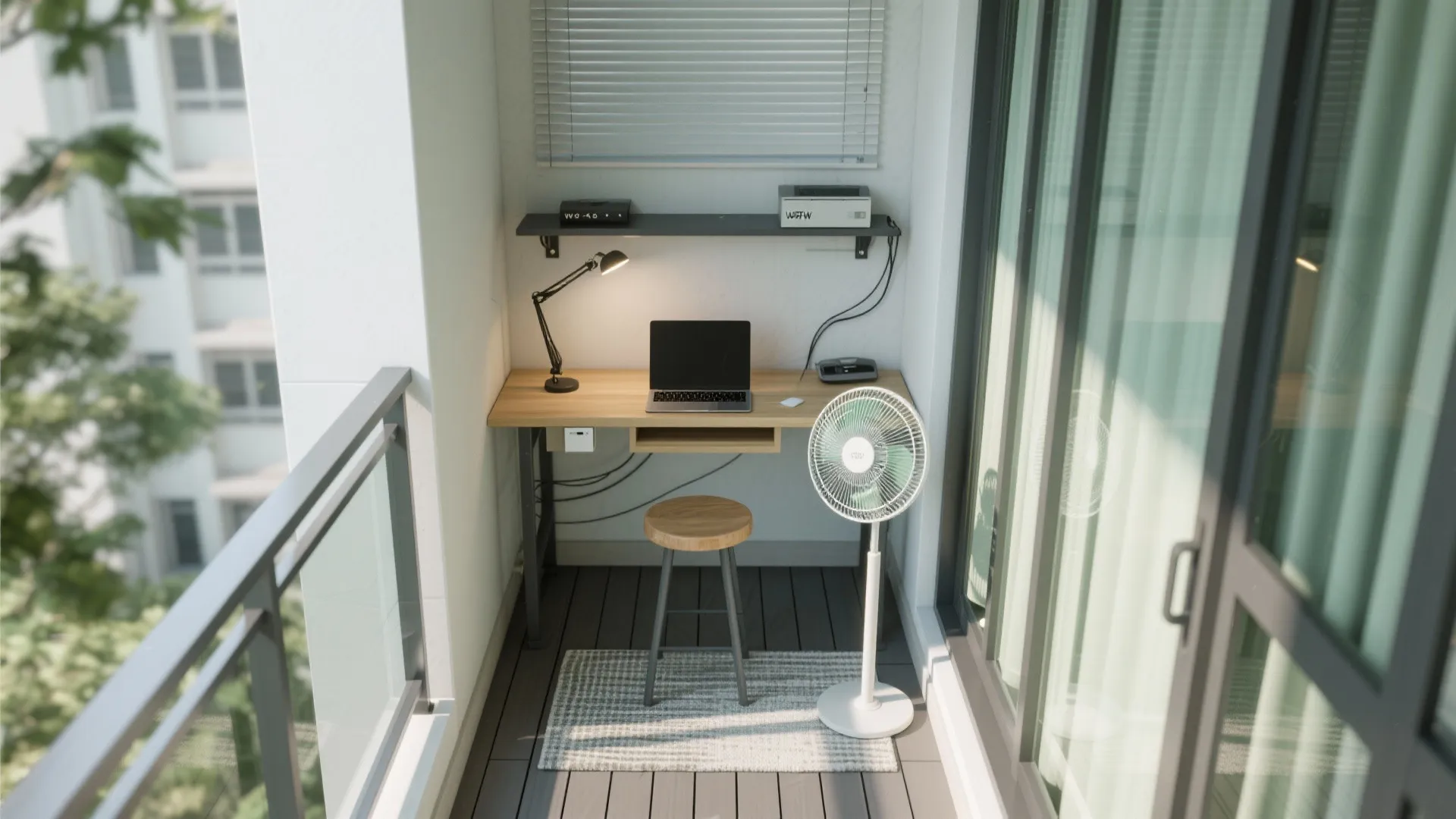 Small balcony converted into a workspace with wooden desk laptop black lamp and white fan