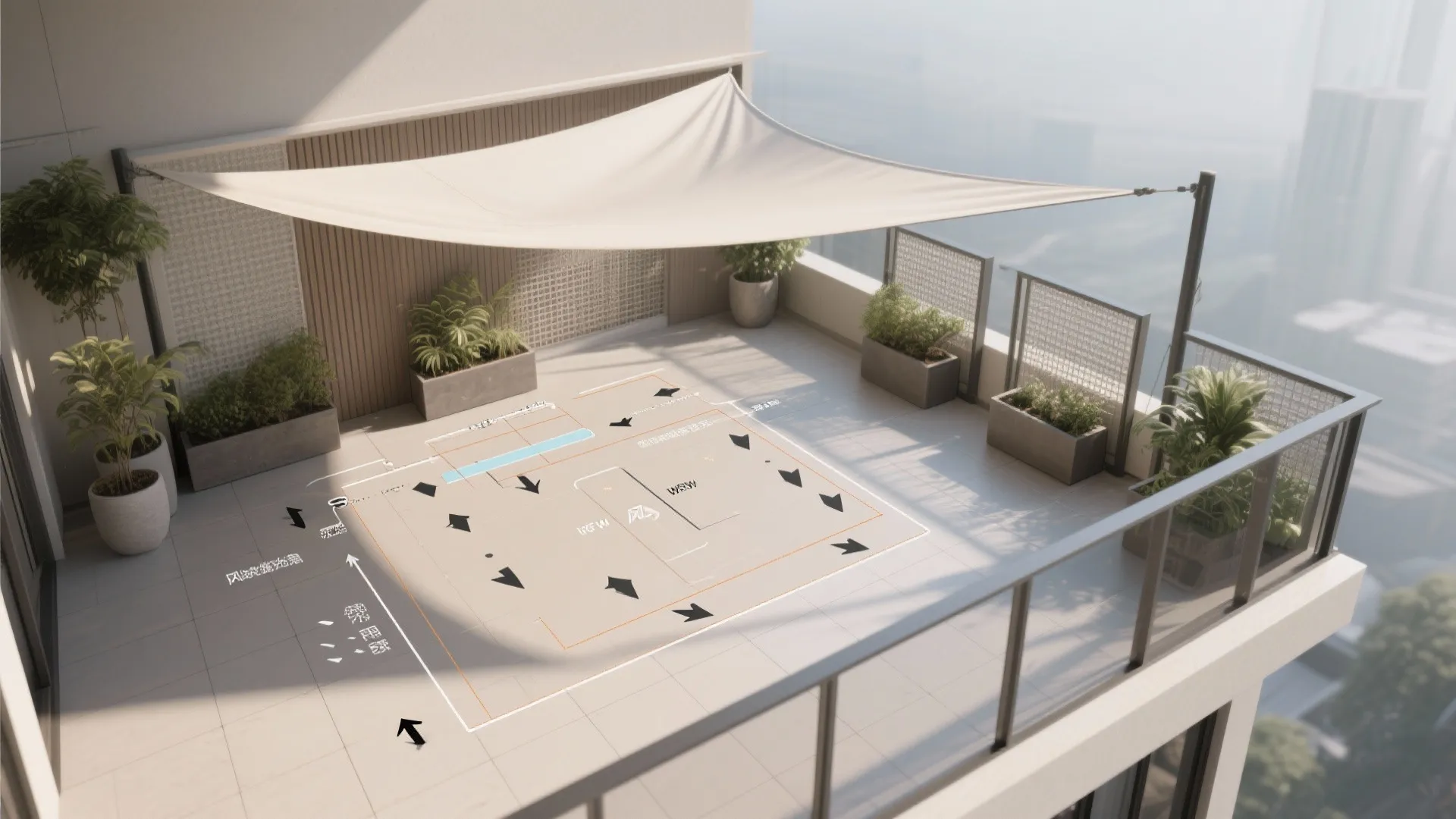 Top-down view of balcony showing shade sail coverage, screens, and planter wind buffers.