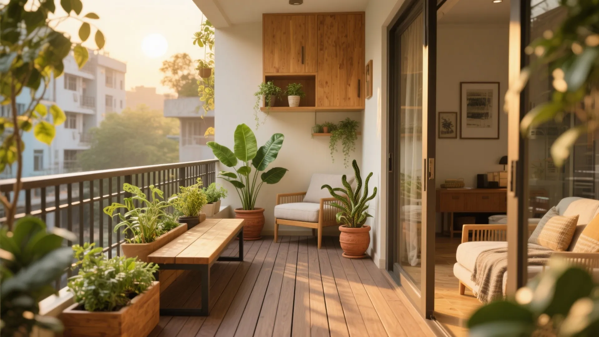 Balcony greens and warm wood accents