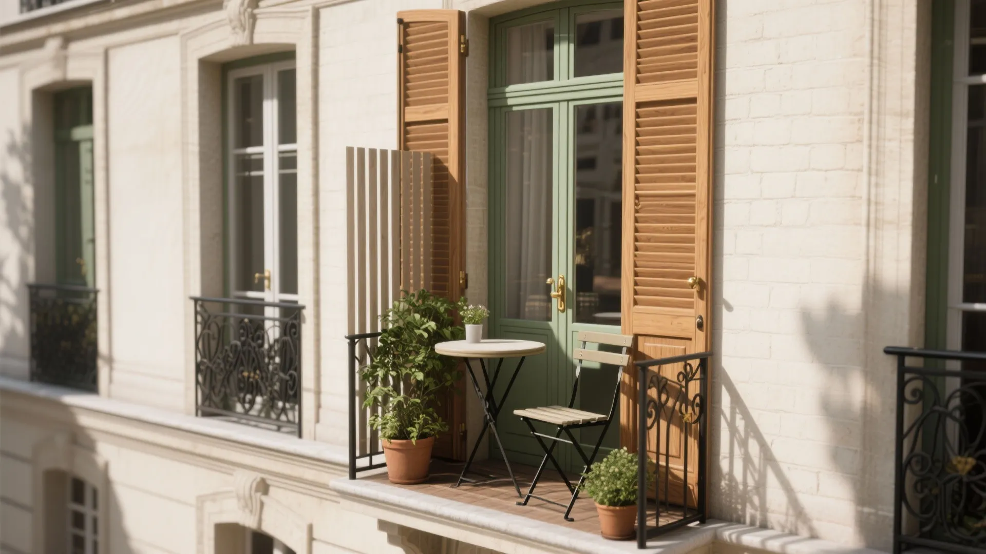 Small apartment balcony with green door wood shutters small table chair and green plants in pots