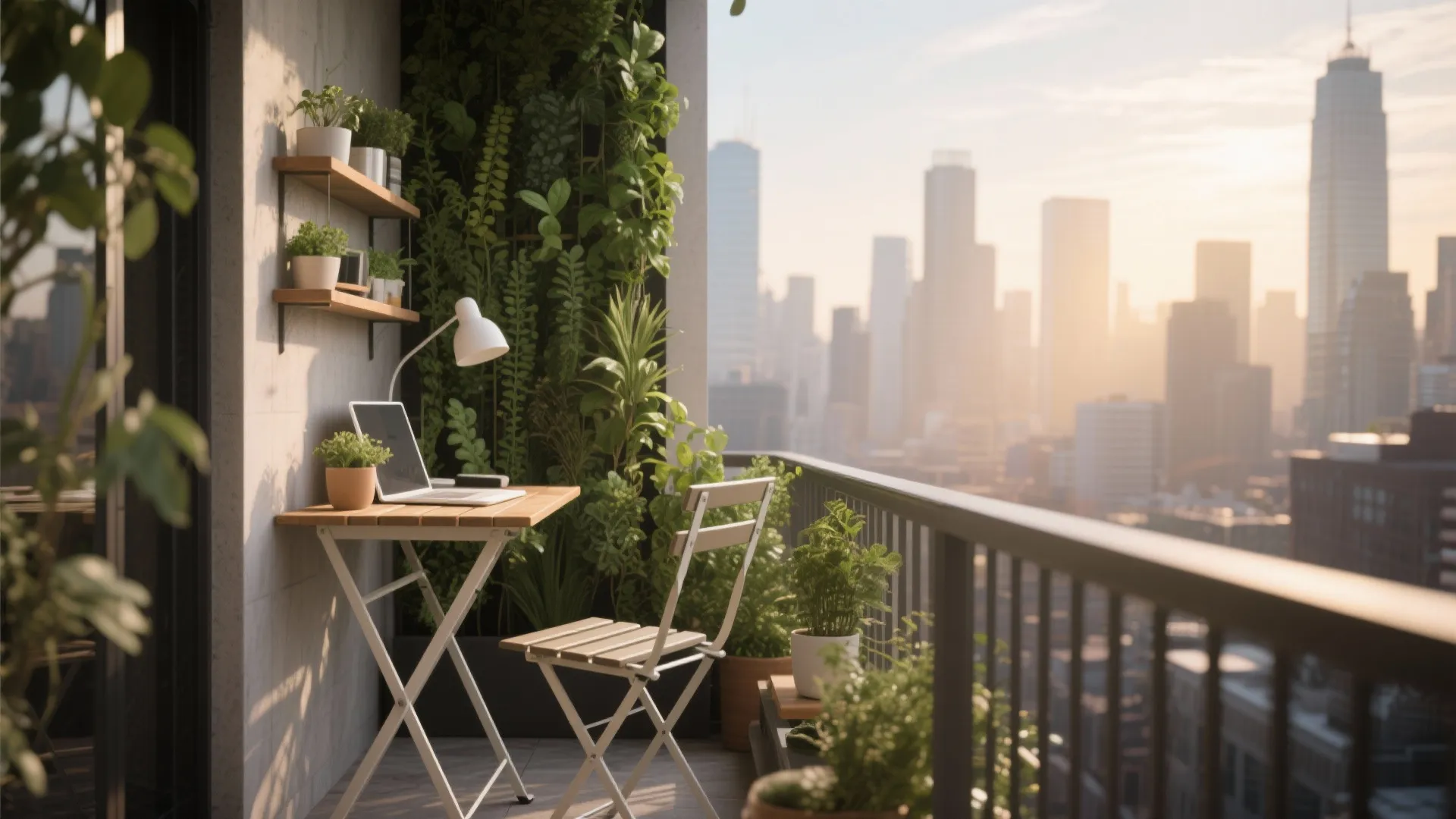 City balcony workspace with foldable desk and vertical garden