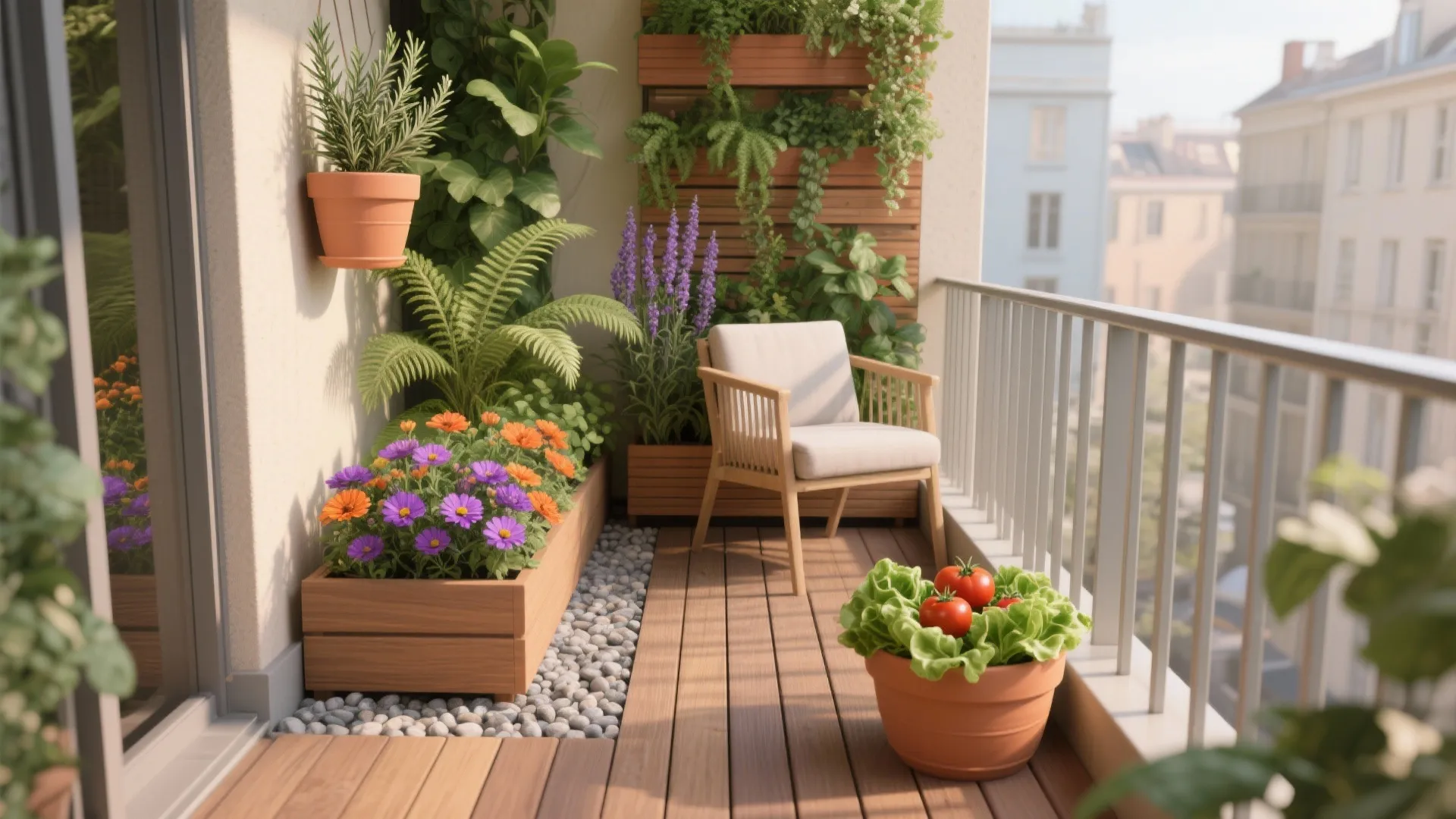 Layered small balcony with vertical herbs, sunny rosemary and lavender, shaded ferns, bright zinnias, and a tidy edible pot.