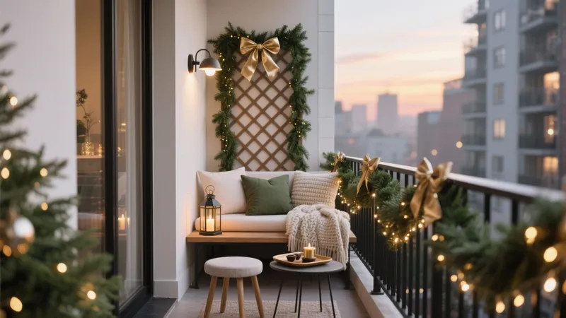 Festive Balcony Decor with Warm Lights & Comfy Seating