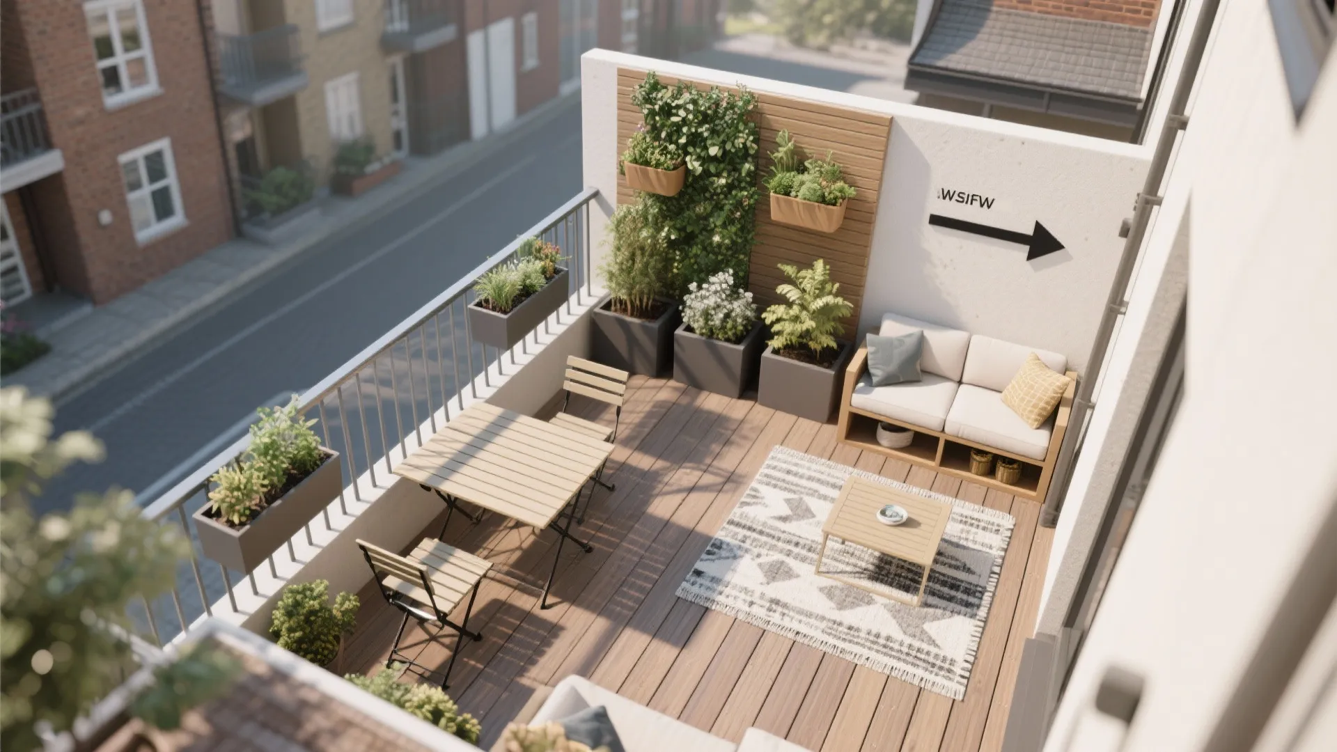 Modern balcony layout with wooden floor dining table chairs sofa rug and green potted plants