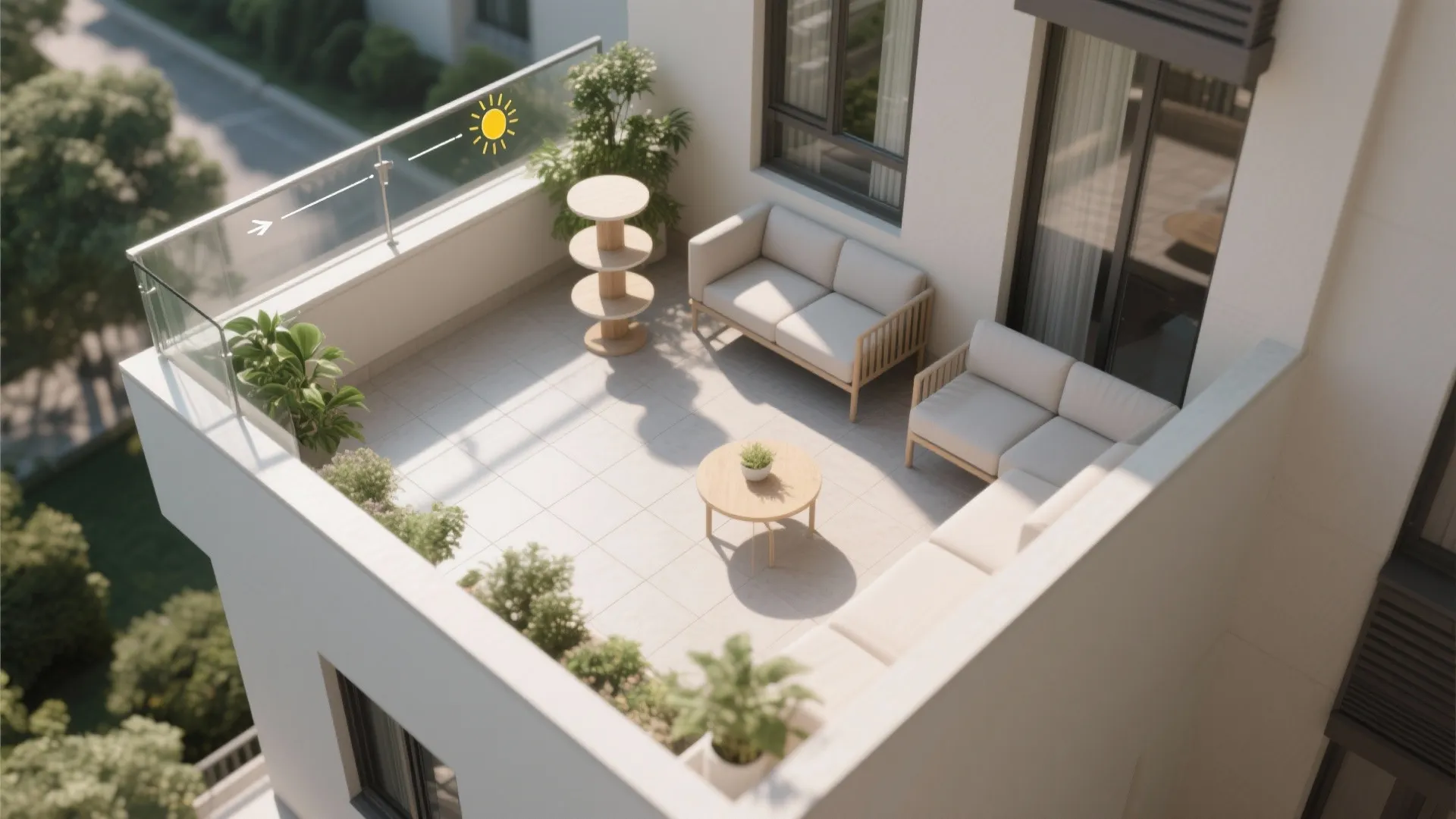 Top-down balcony layout with L-shaped seating and a three-tier stand in the corner.