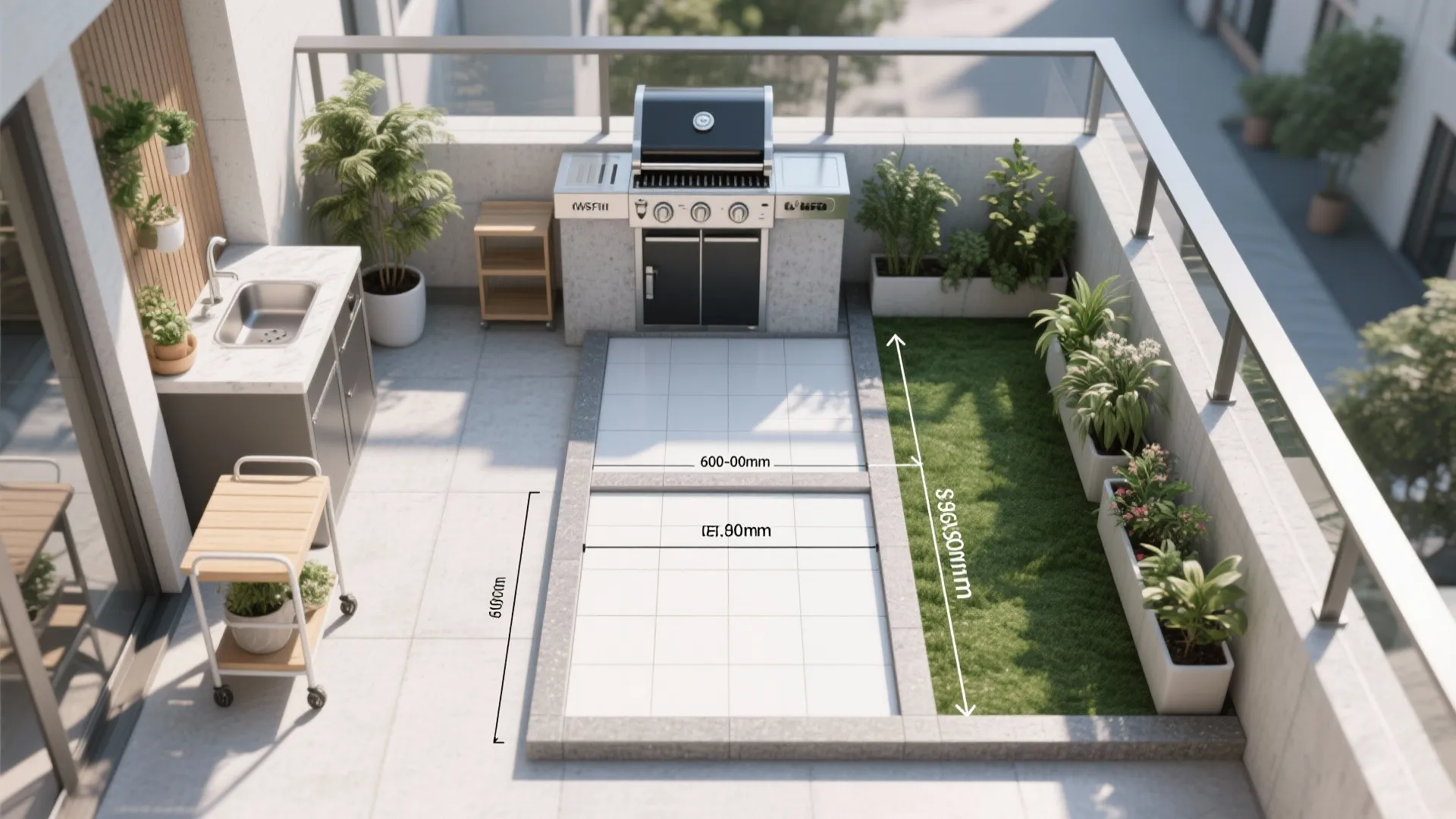 Top-down balcony plan showing grill, prep, and green zones with safe clearances.