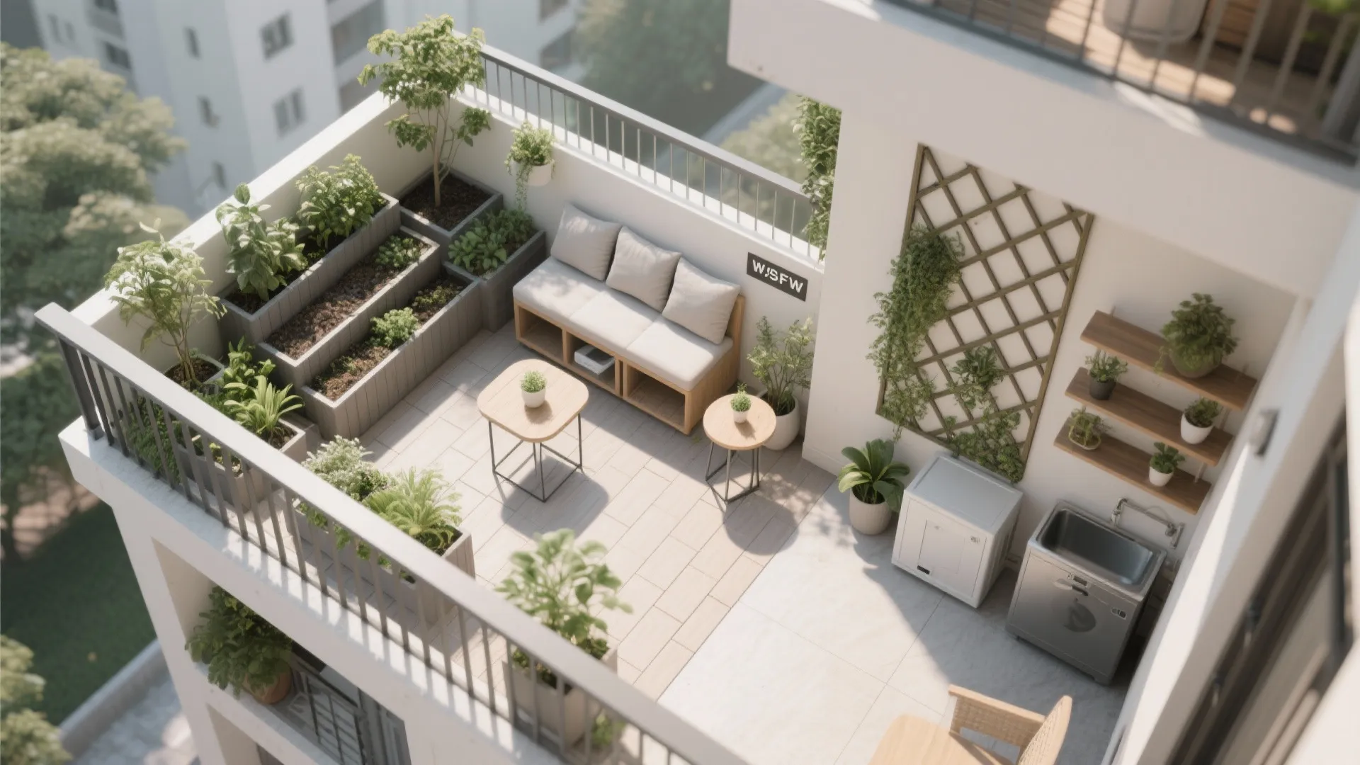Top-down balcony plan showing planting, seating, and utility zones with clear circulation.