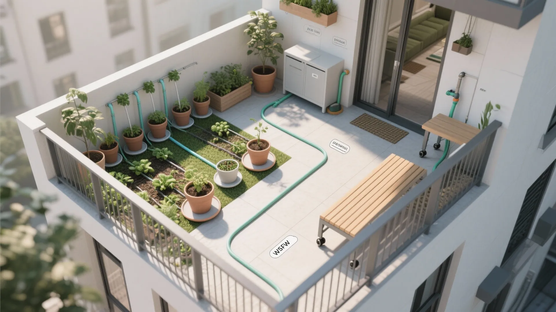 Top-down zoning of grow, seating, and service areas with drip lines, saucers, and a bench on a compact balcony.