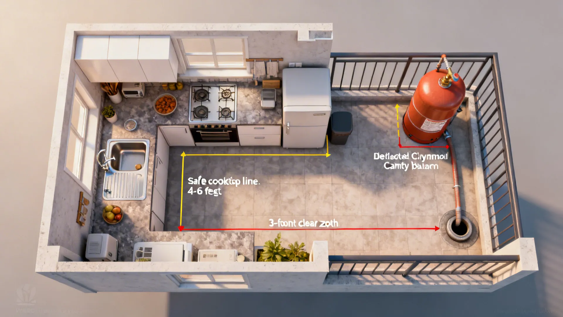 Top-down layout showing a galley kitchen with a cylinder cabinet 4–6 feet away on the utility balcony.