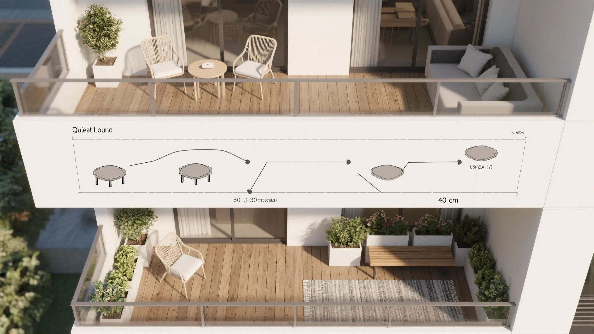 1) Minimalist zoning for dual-level balconies