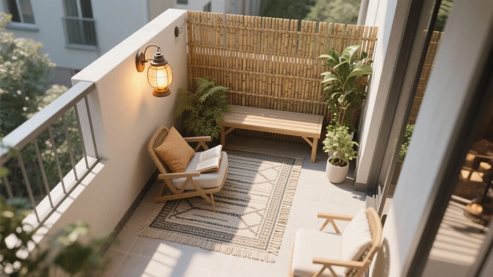 Zoning with rugs, lighting, and privacy screens