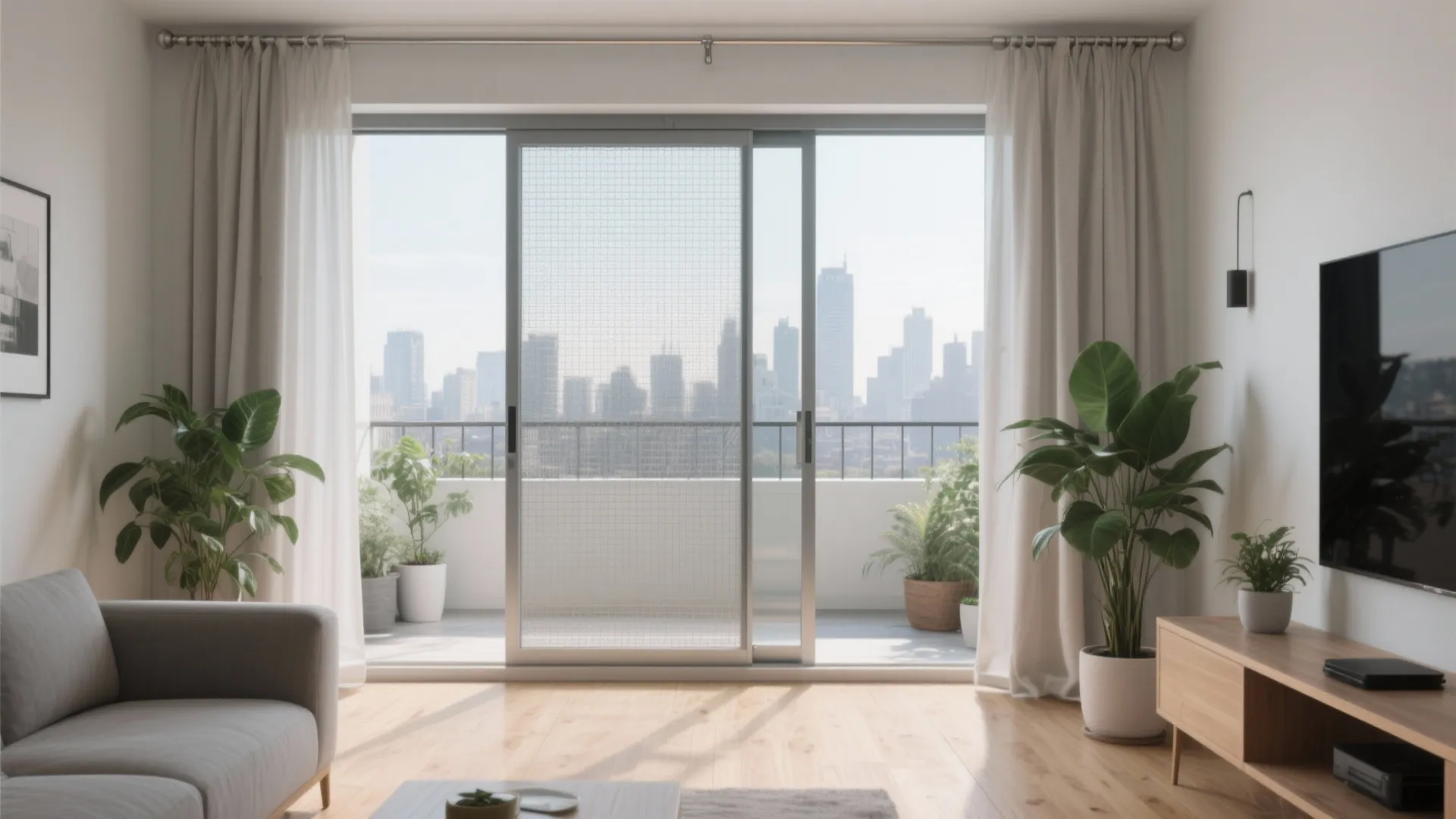 Modern living room with grey sofa and sliding glass doors leading to a city balcony