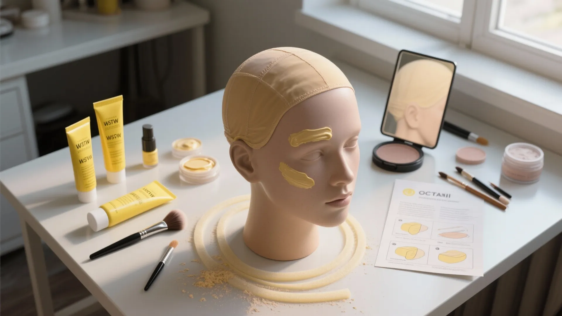 Mannequin head with yellow makeup and bald cap on white desk with brushes and supplies