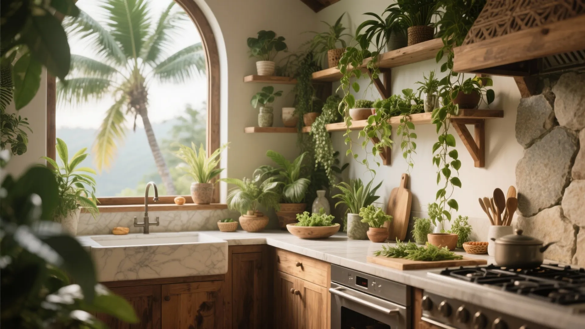 Tropical indoor plants in a Bali kitchen setting