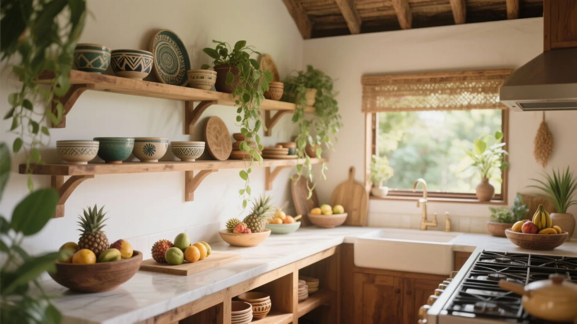 Open wooden shelves in Bali kitchen with tropical decor