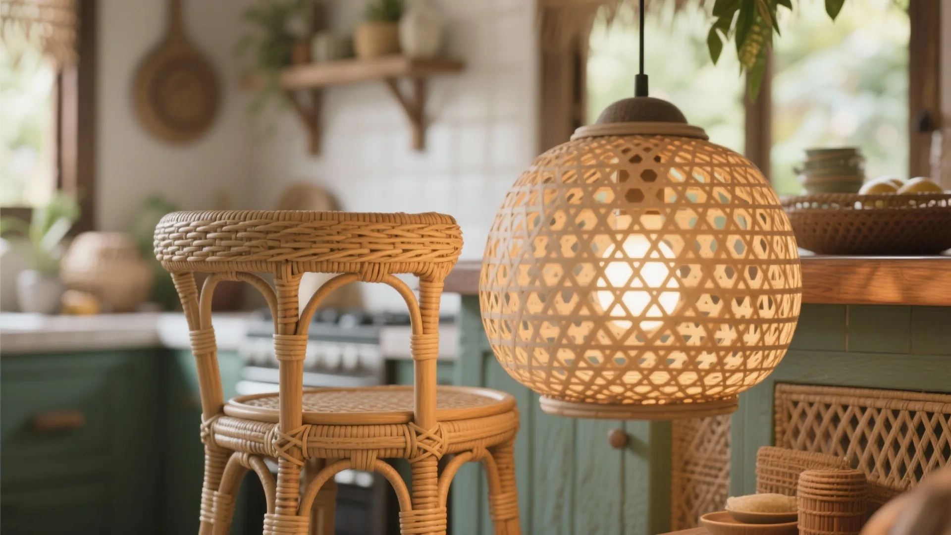 Detail of woven rattan furniture in Bali kitchen