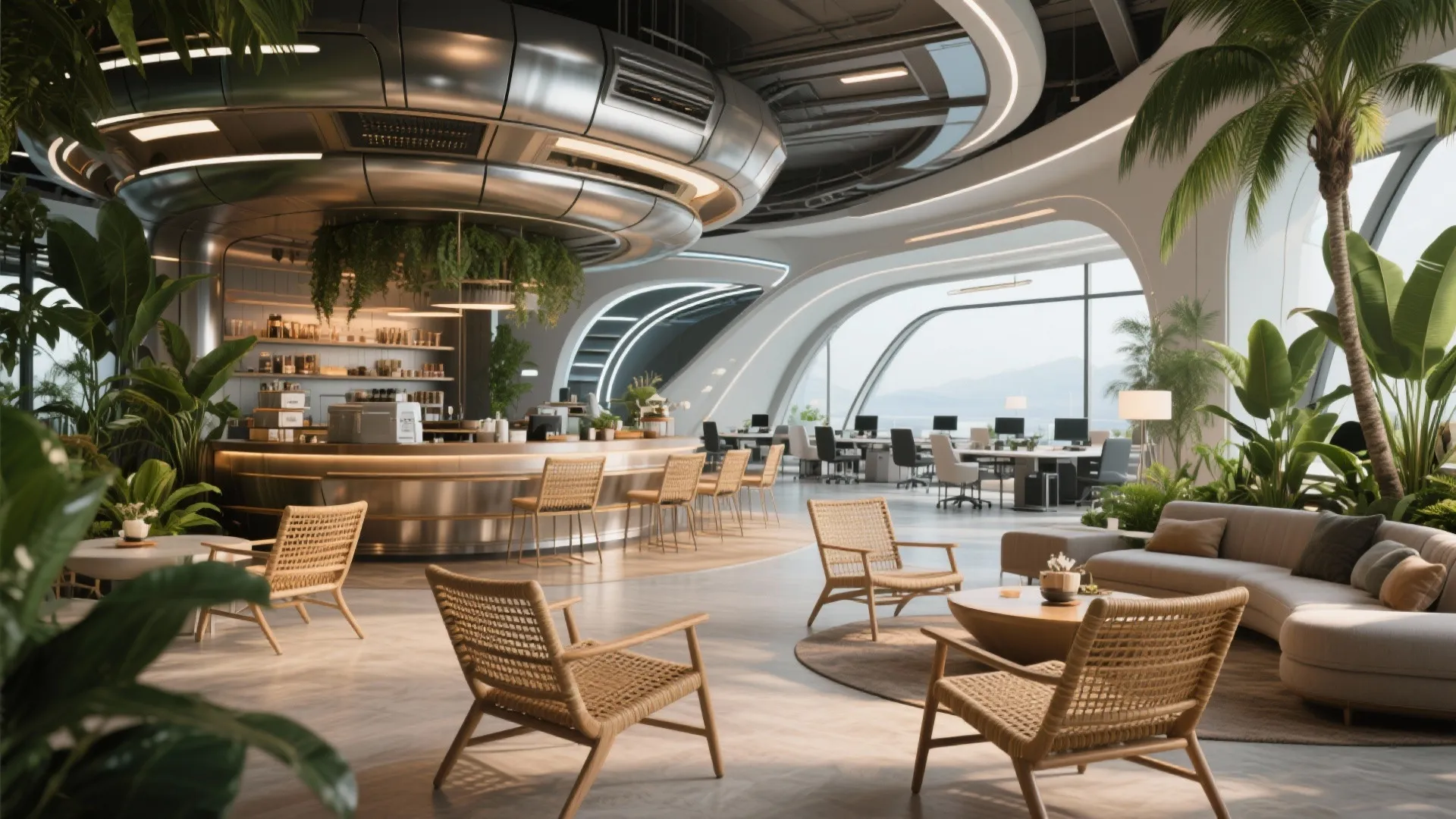 Futuristic modern office interior with large curved windows wooden chairs plants and a metallic bar
