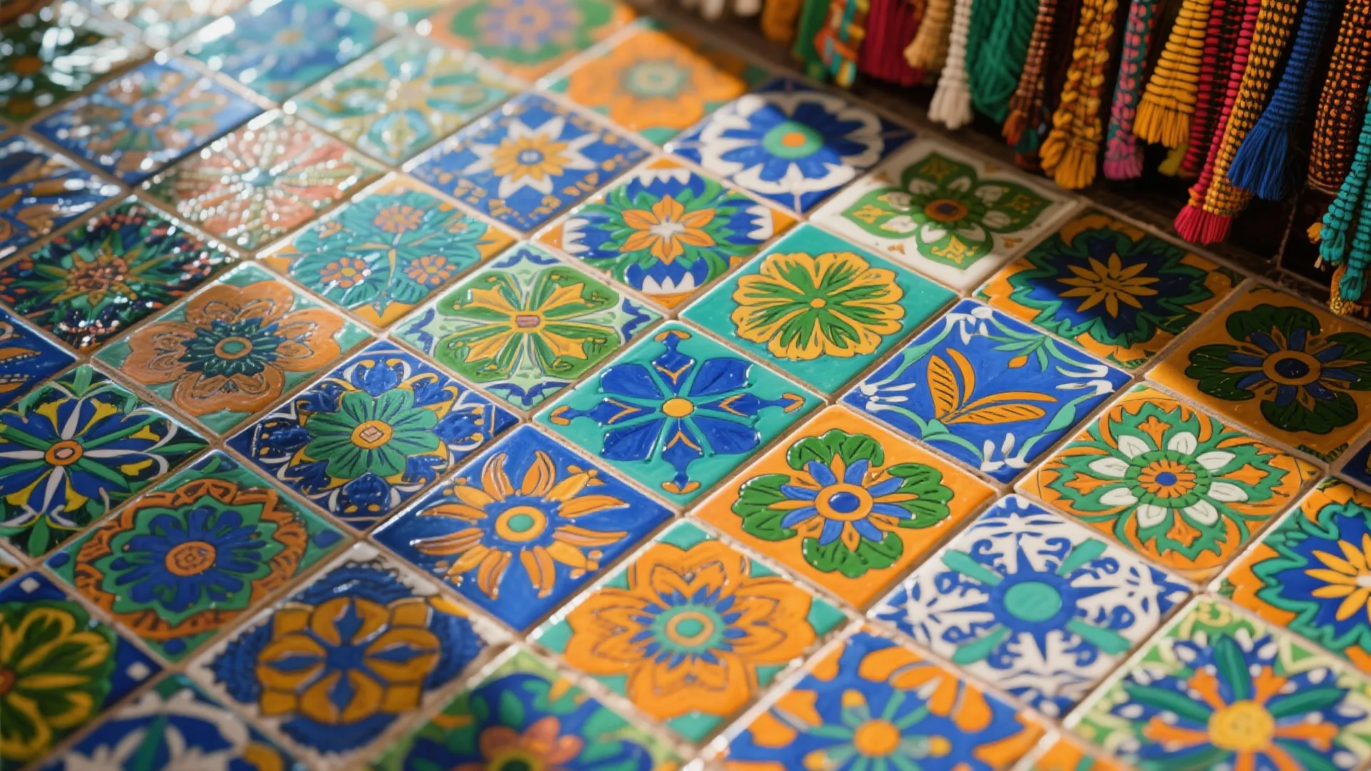 Flat lay of colorful tropical patterned tiles for kitchen backsplash