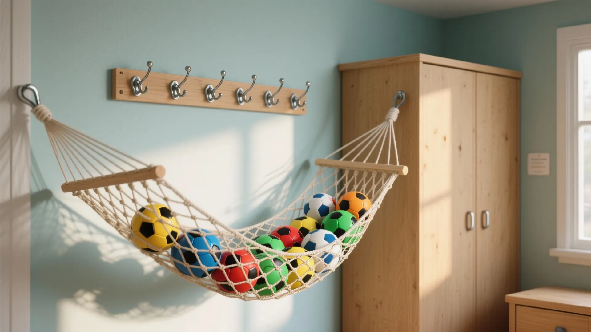 Hammock-style net ball storage above a wardrobe with colorful soccer balls and visible anchor hardware.