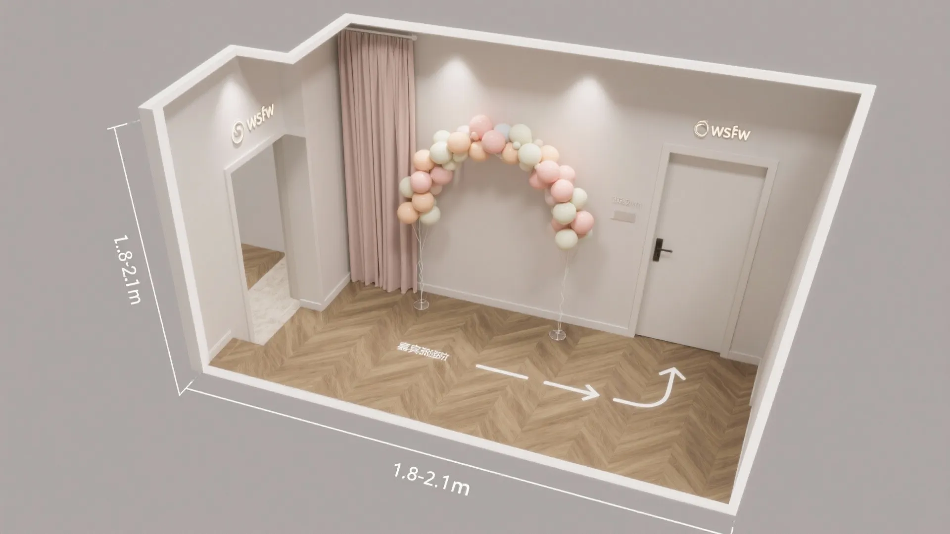 Interior design drawing showing a room with balloon arch, herringbone wood floor, and pink curtains