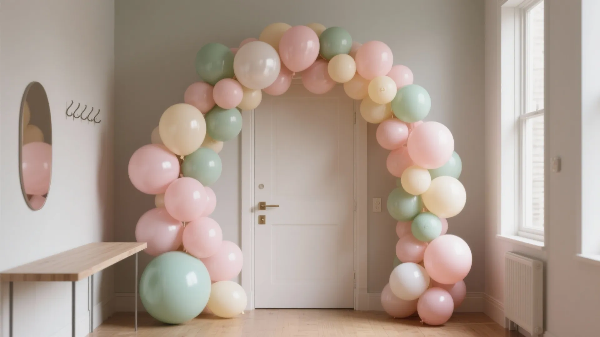 Colorful pastel balloon arch decorating a white interior door in a bright modern home room