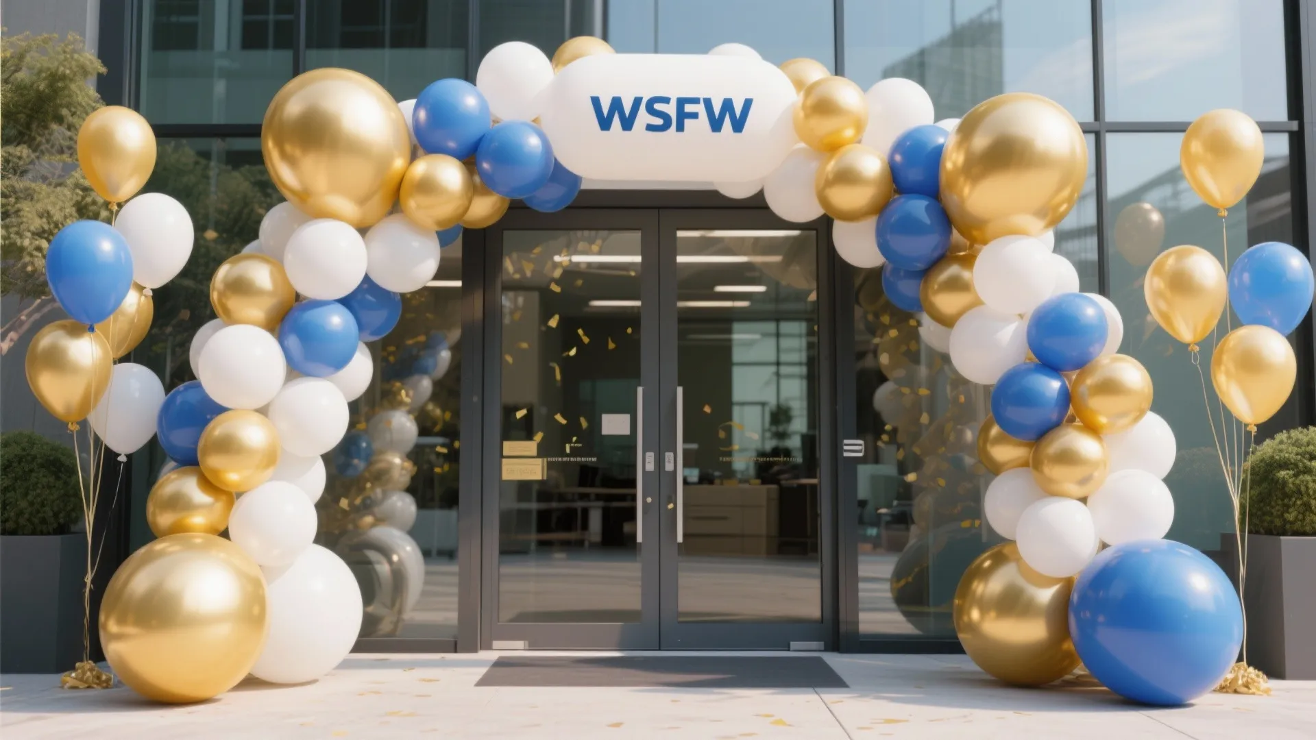 Office entrance glass door decorated with a large blue white and gold balloon arch for celebration