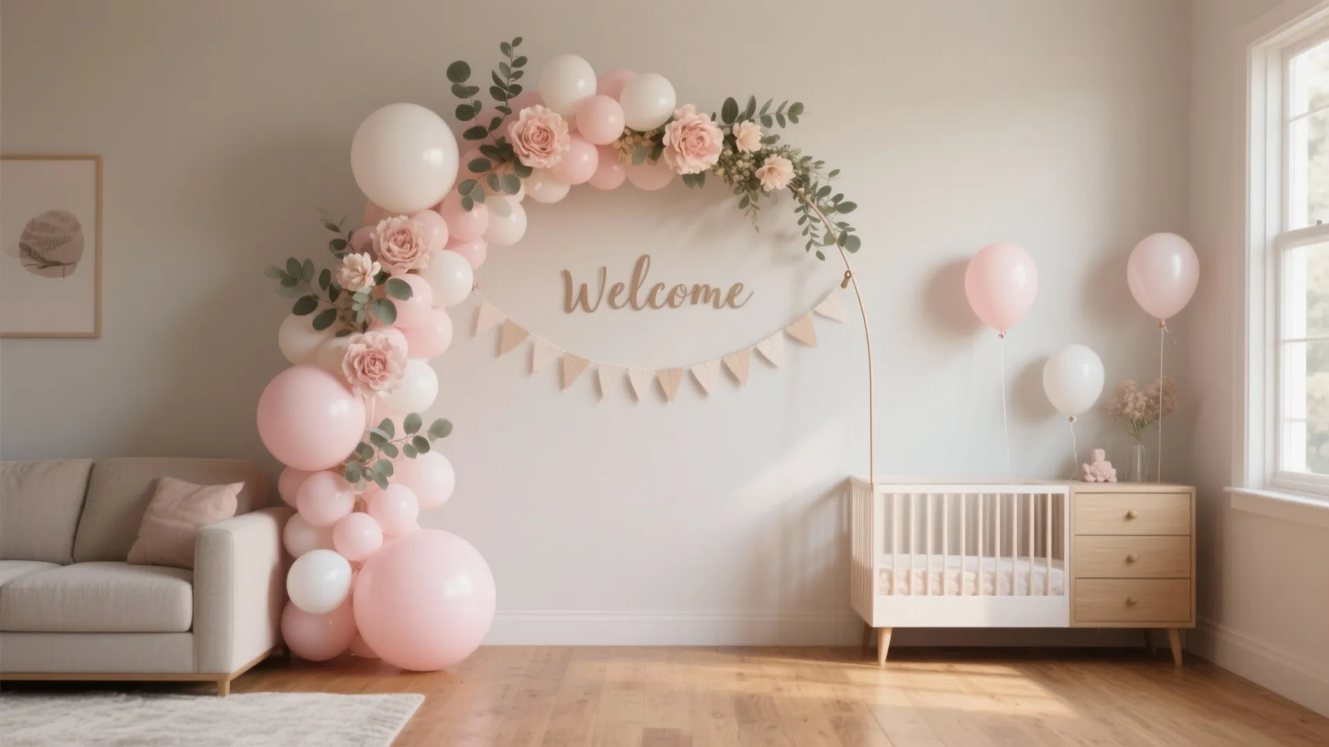 Balloon arch and floral welcome backdrop (safe and sustainable)