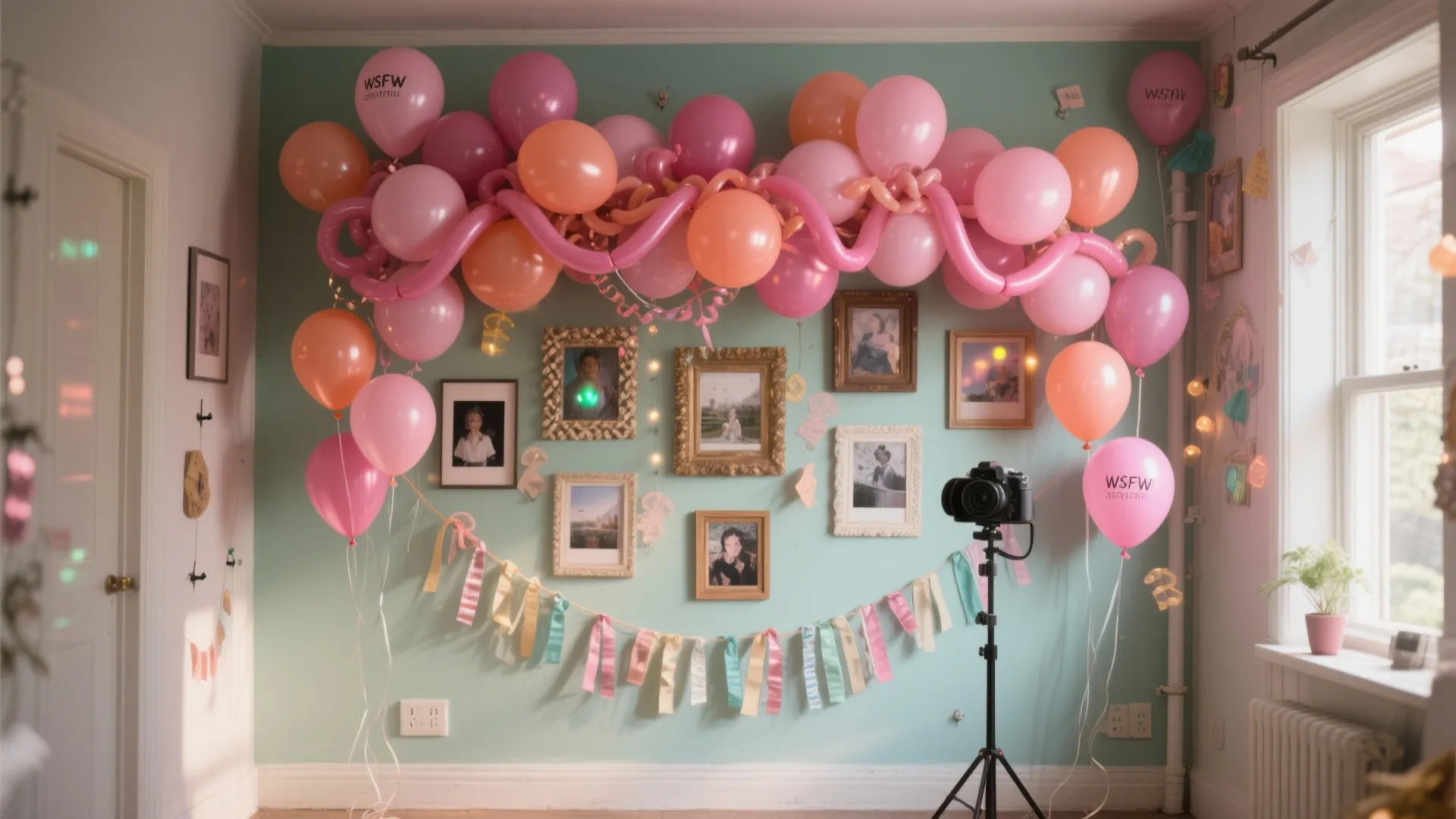Wall decorated with pink and orange balloons picture frames and a camera on a tripod