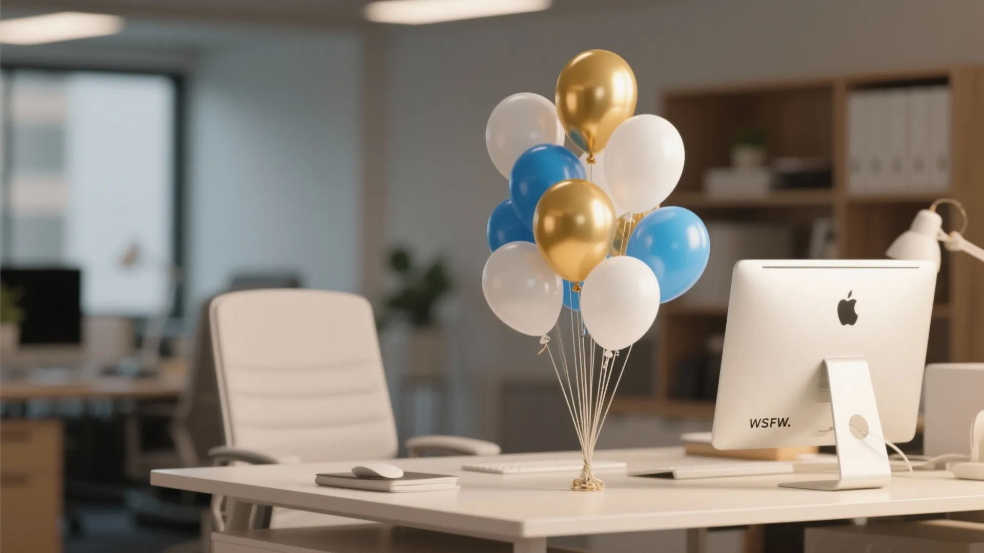 White office desk with a computer and a decorative bunch of blue white gold balloons