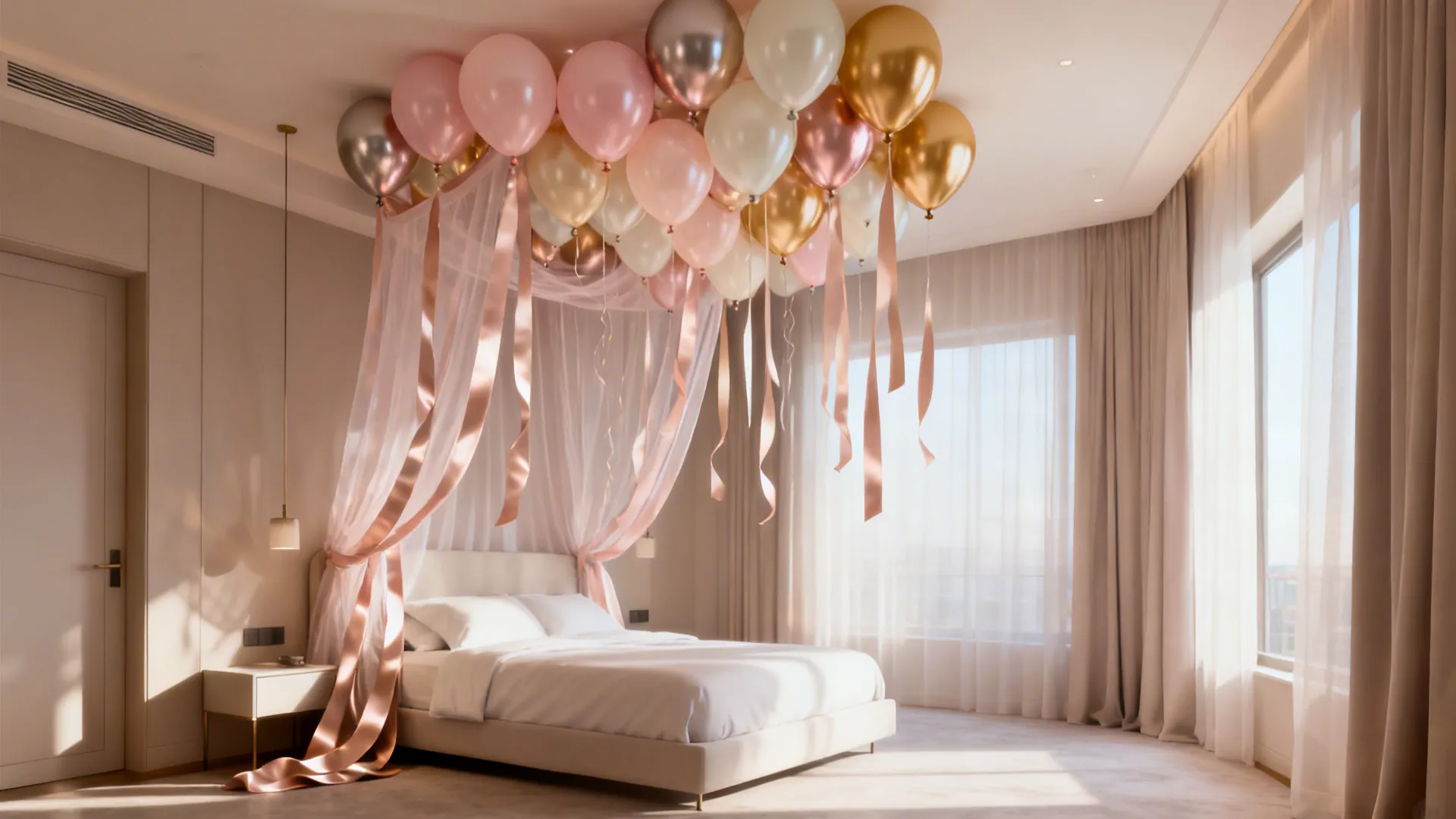 Blush and champagne helium balloons with a voile canopy floating over a minimal bed.