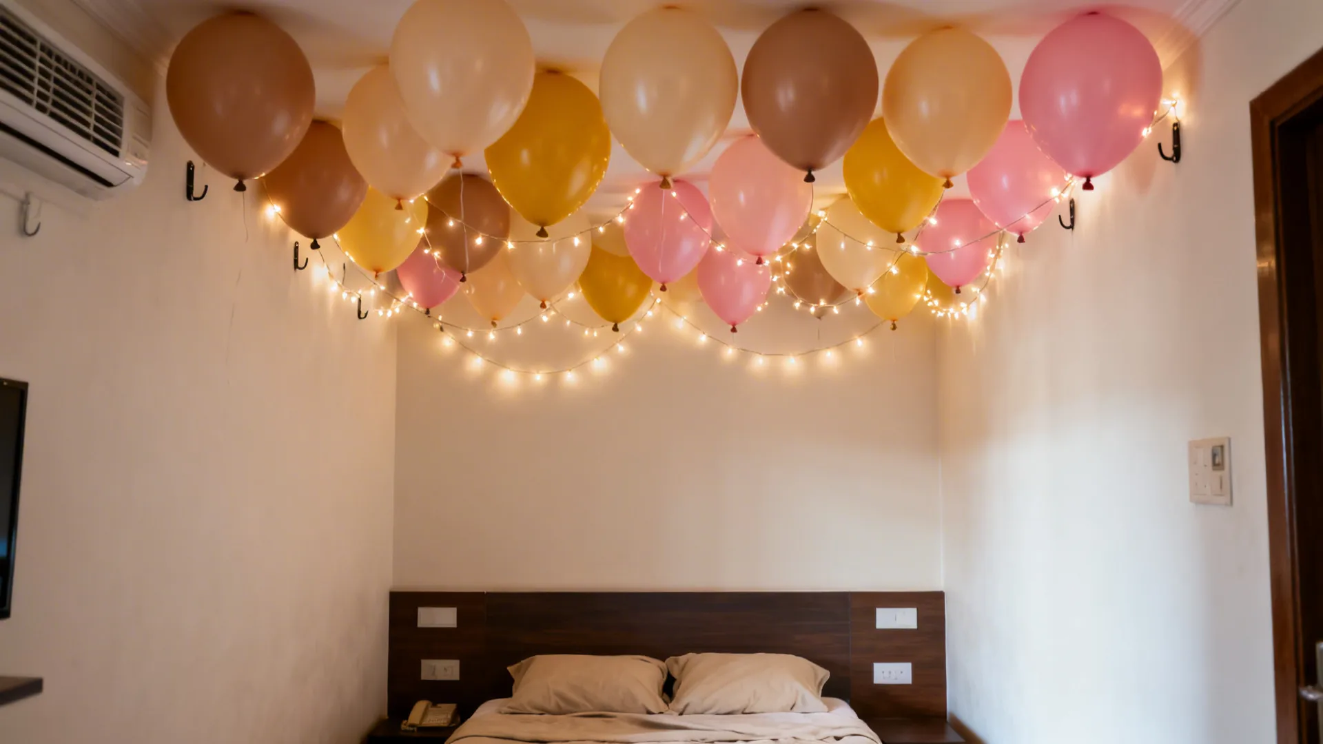Matte balloon canopy in turmeric, sandalwood, and rose with warm fairy lights in a Delhi hotel room.