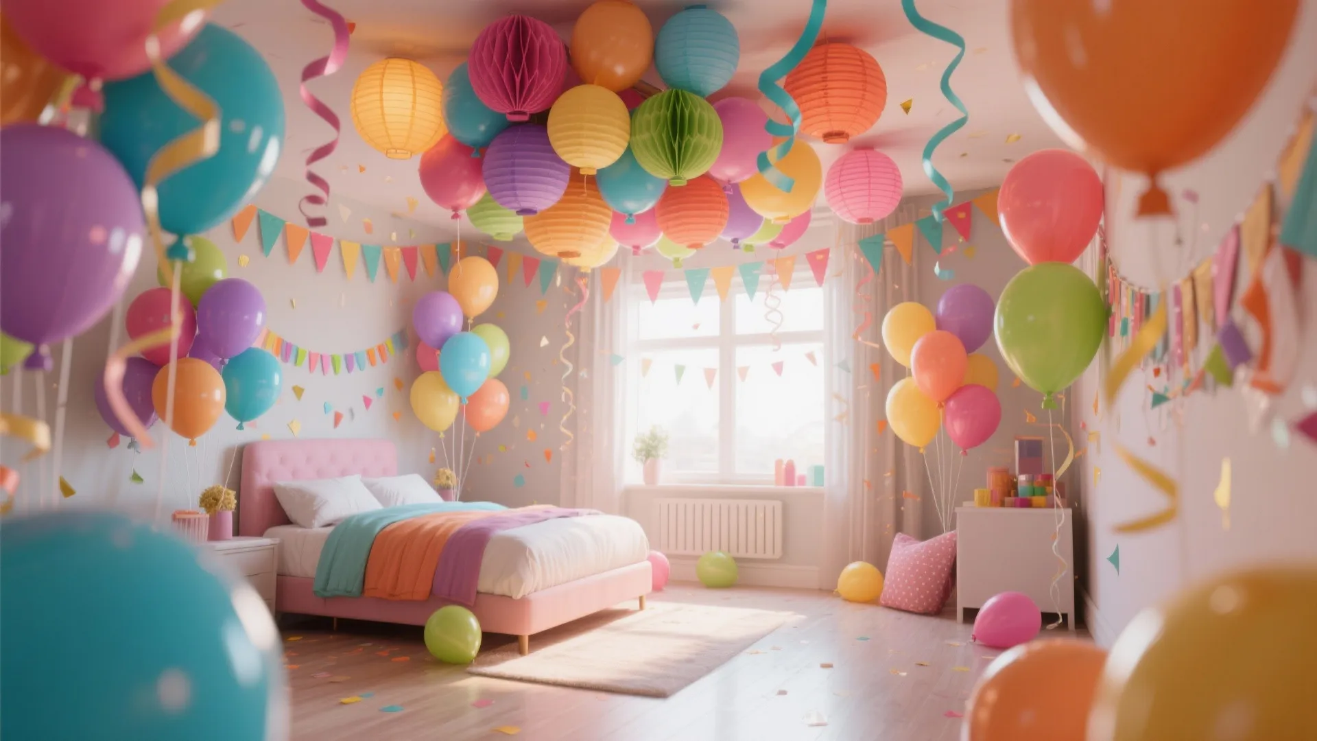 Pink bed in bright room filled with colorful balloons and paper lanterns hanging from ceiling