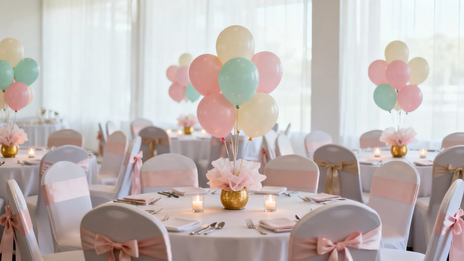 Small dining table with low balloon centerpieces and matching ribbon chair ties in soft tones.