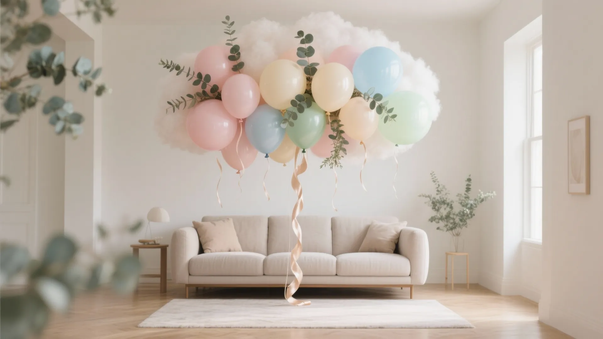 Pastel Balloon Cloud with a Touch of Greenery