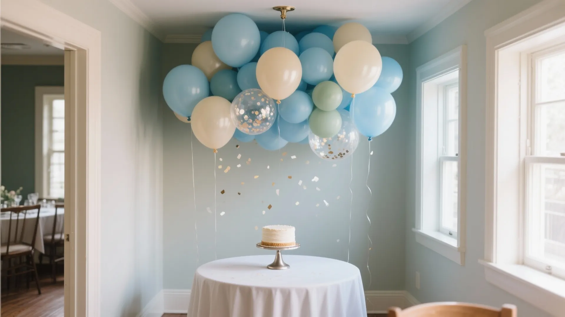 Blue and white balloons hanging above a round table with a cake in a room