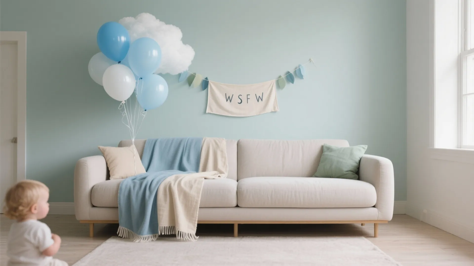 Soft Blue Balloon Cloud Over the Sofa
