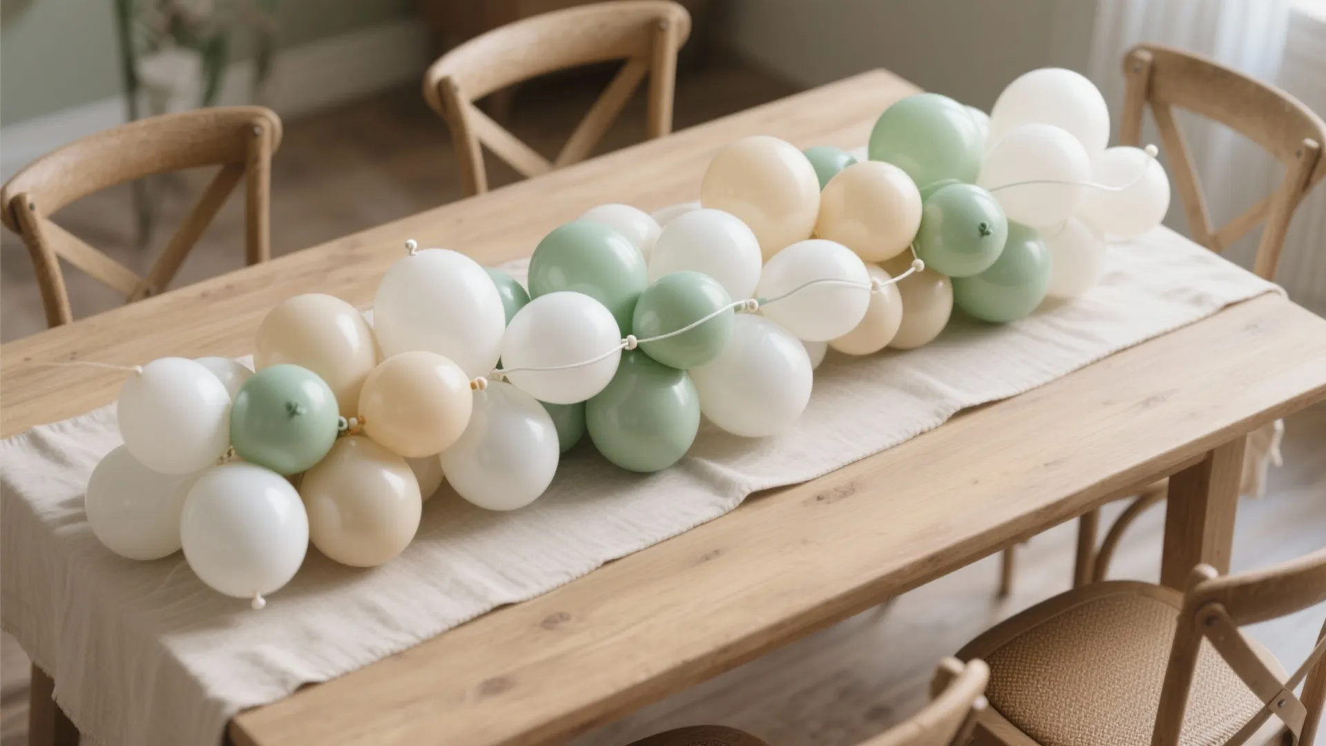 Wooden dining table with green white and cream balloons center decoration on a fabric runner