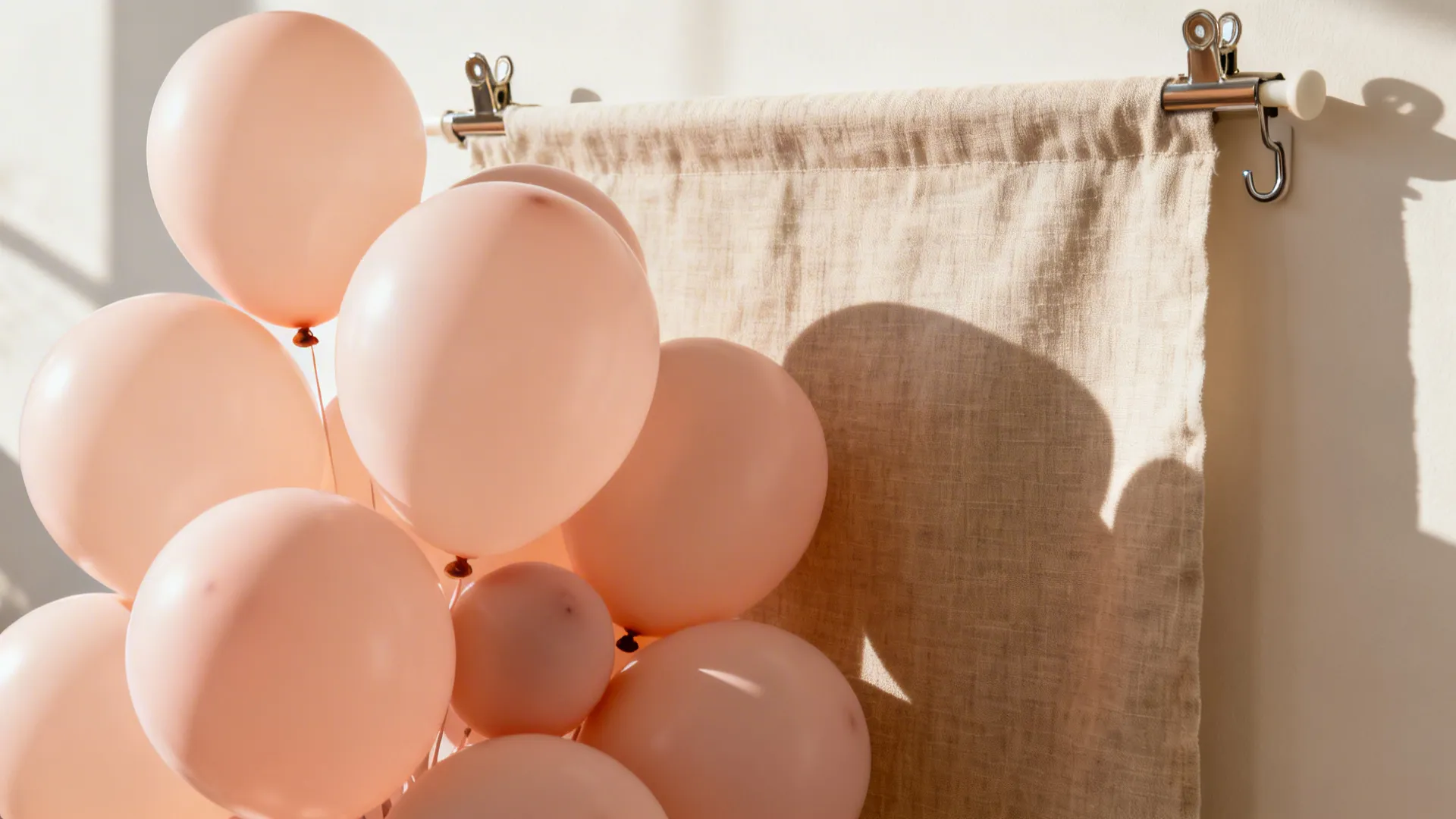 Close-up of matte blush balloons with a linen backdrop and removable hook detail.