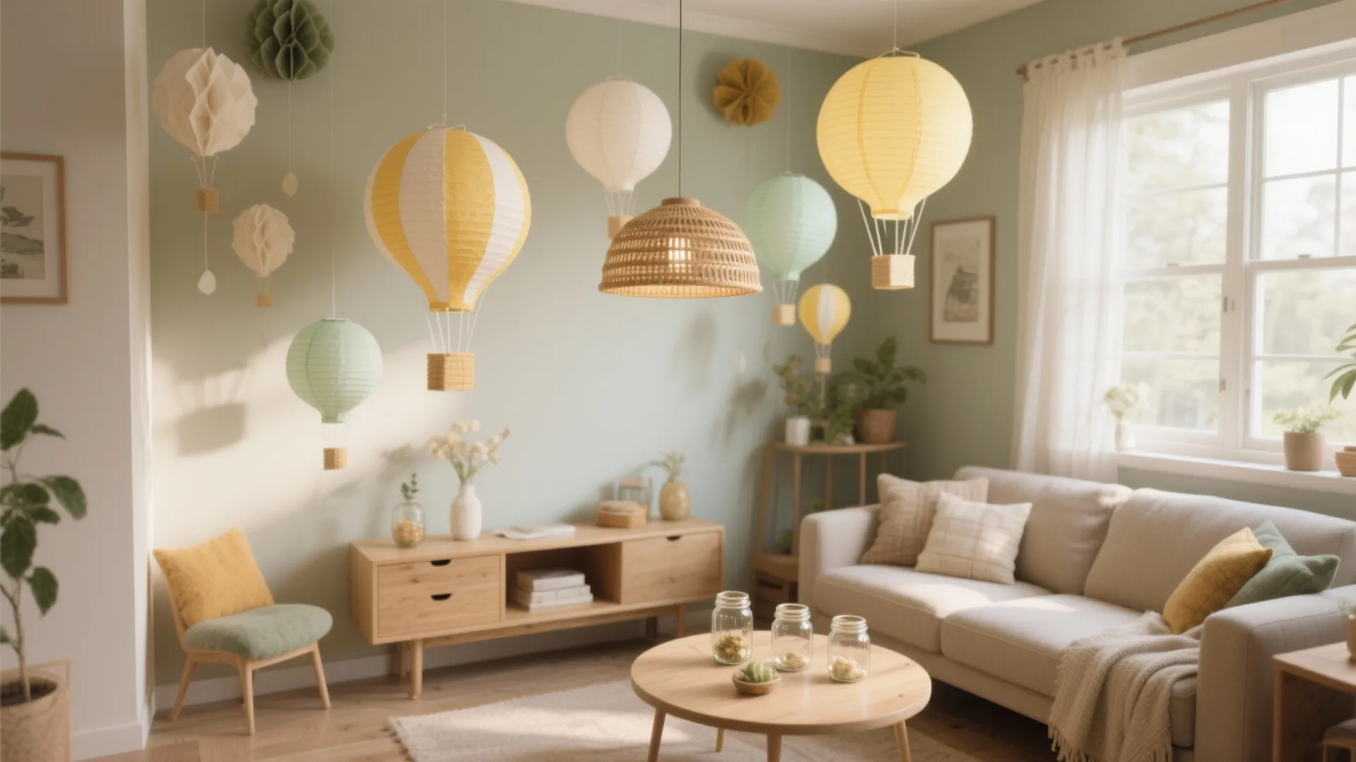 Cozy living room featuring hanging paper hot air balloons beige sofa wooden furniture and bright light