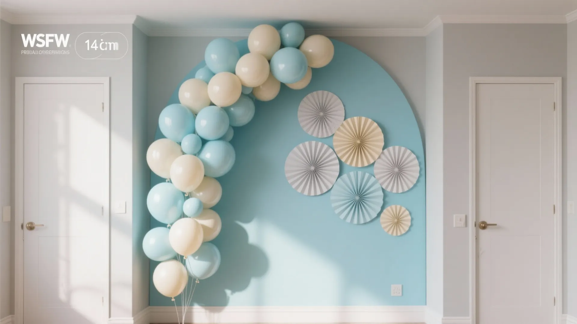 Blue wall featuring a balloon arch decoration with white paper fans and two white doors