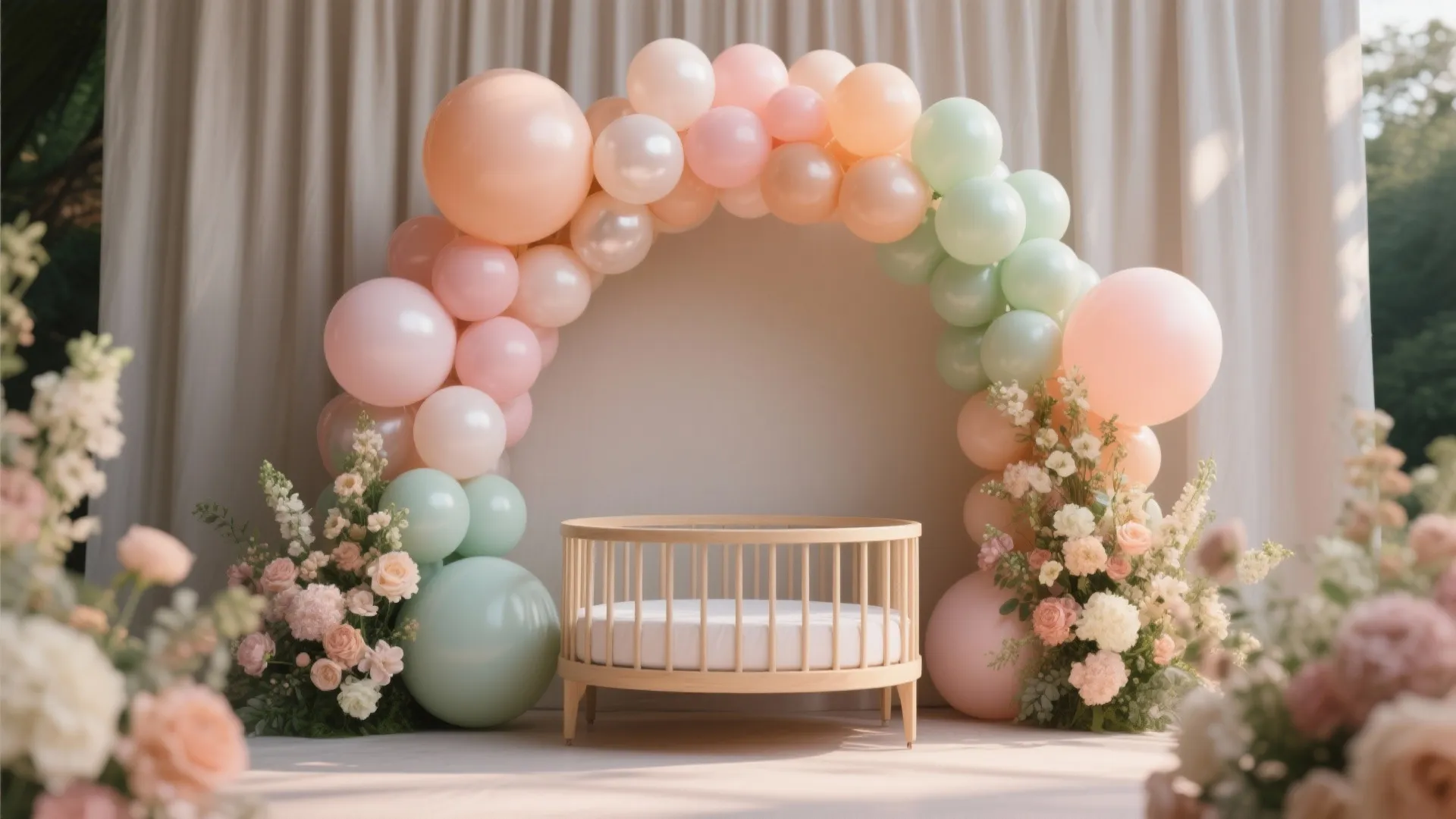 Wooden baby bed surrounded by pink and green balloon arch with fresh flowers and curtains