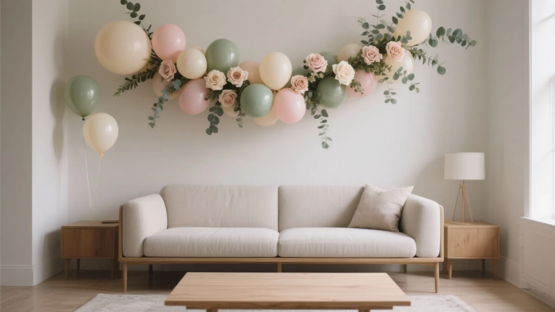 Modern living room with a white sofa decorated with a colorful balloon and flower garland