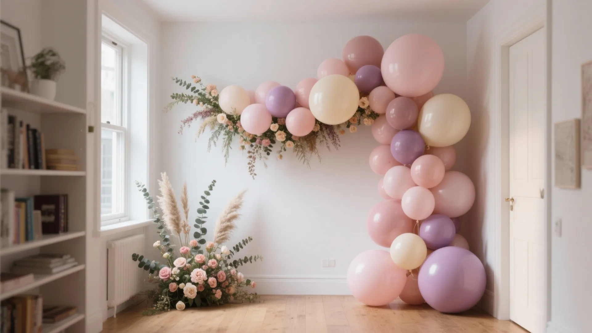 Pastel balloon arch with pink and purple colors decorating a white room corner with flowers