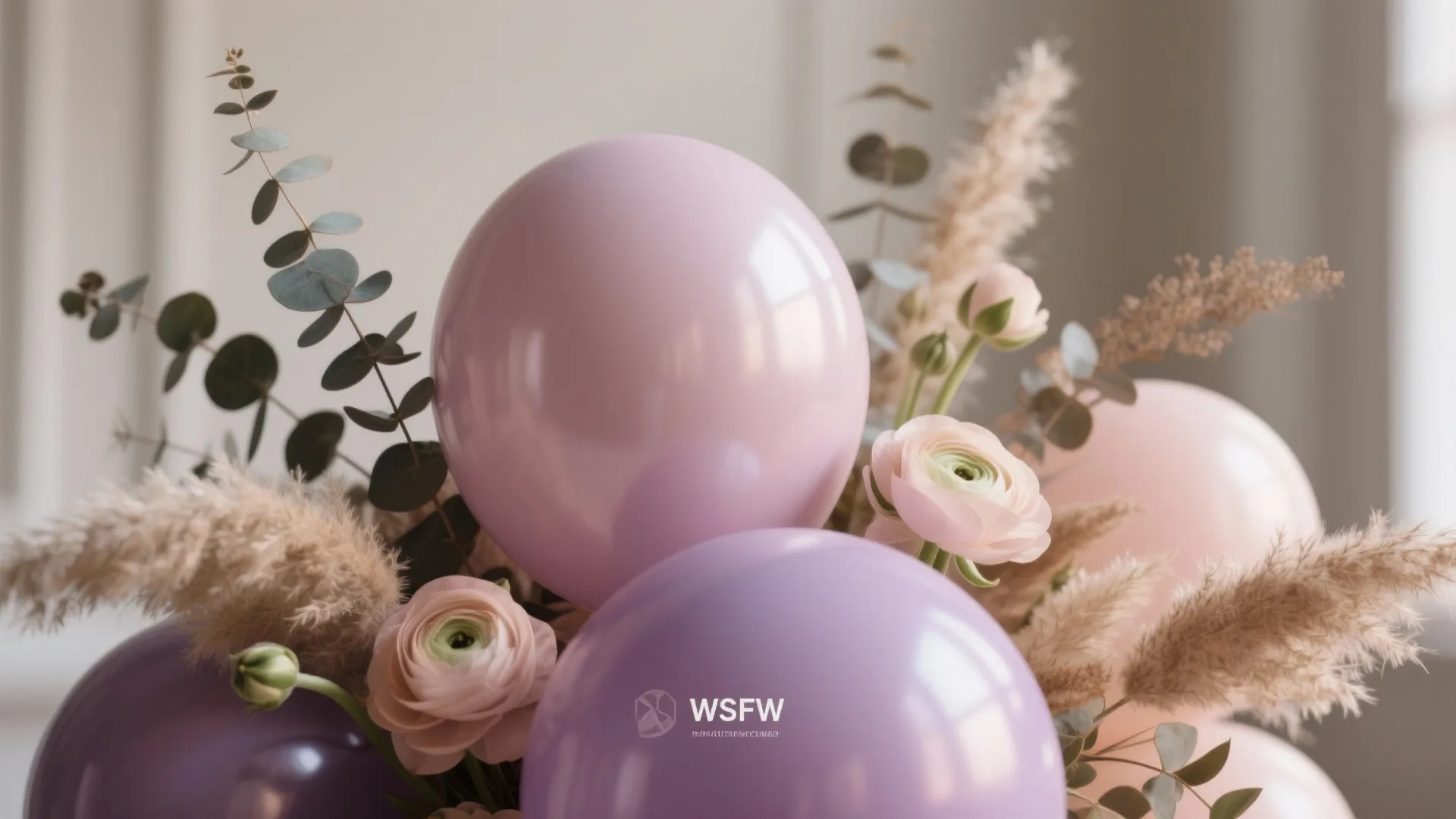 1) Layered Balloon Garland + Soft Floral Mix